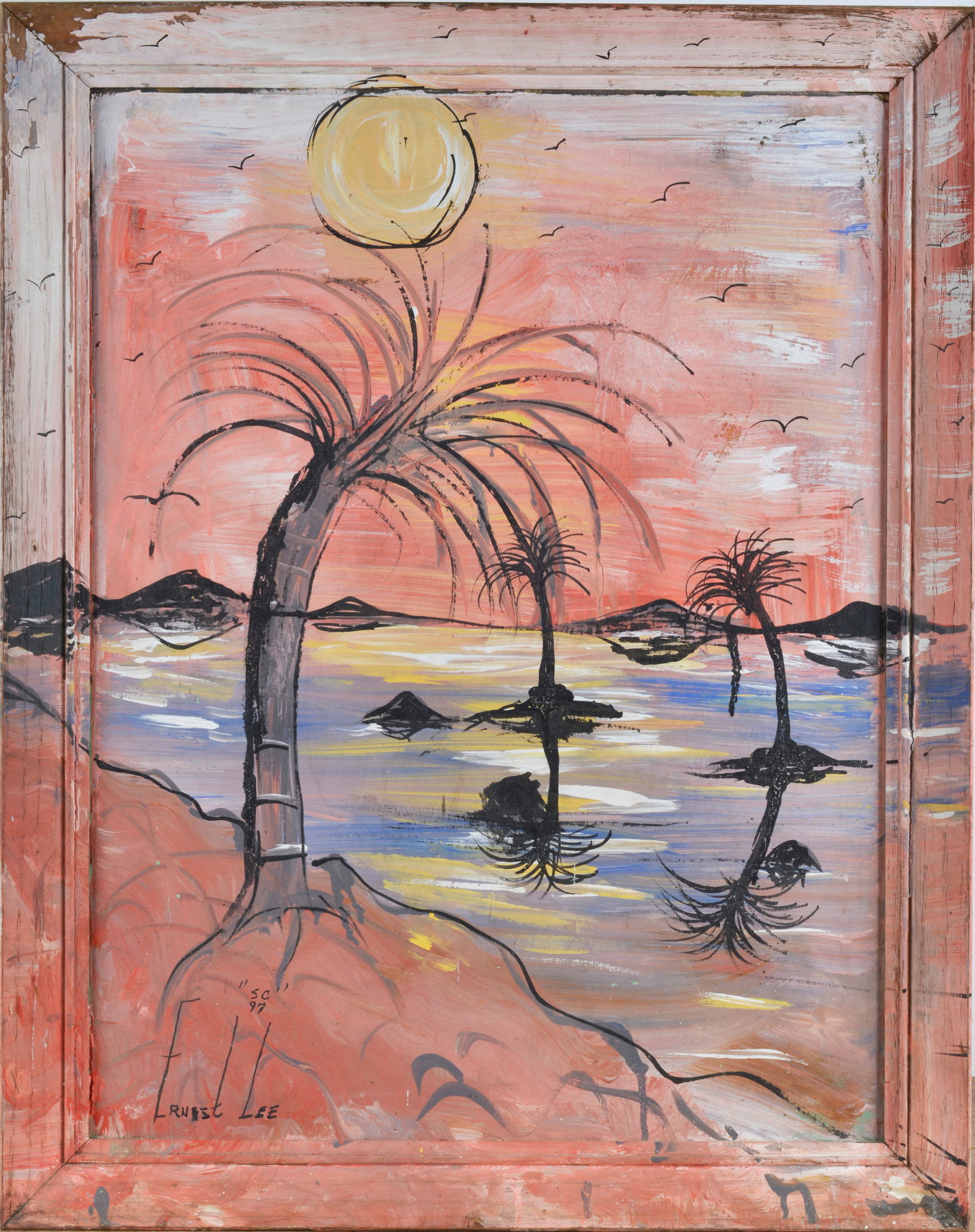 Ernest Lee Folk Art Painting: 21x27 paint on wood board, signed.