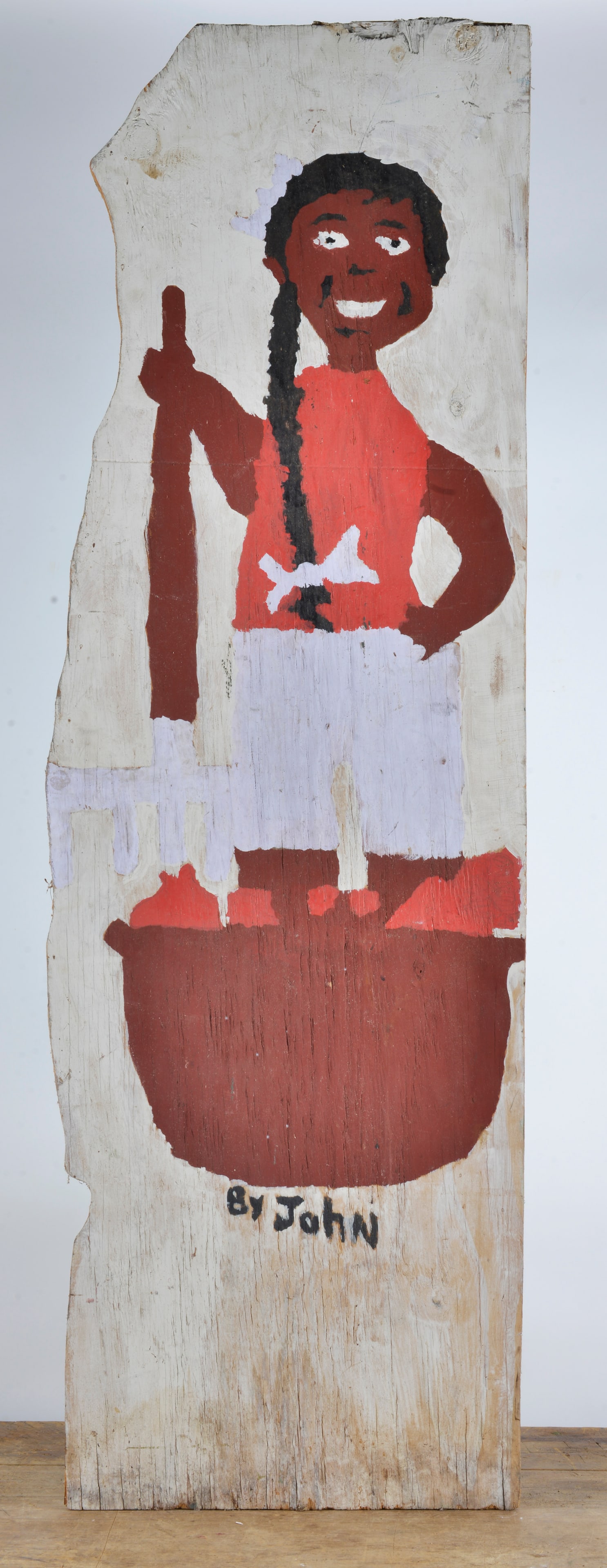 Folk Art Assemblage signed John: 54x17 paint on found plywood, signed bottom middle. Same artist as lot 324