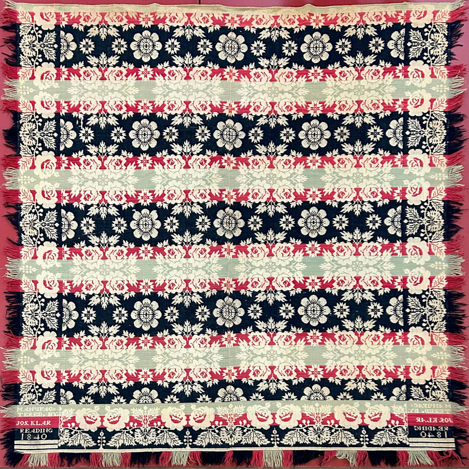 Reading PA Jacquard Coverlet 1840: signed on both sides. Manufactured by Jos. Klar Reading 1840. condition with moderate wear. 78 X 89.5