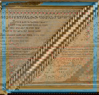 Important Mourning Sampler 1848: important mourning sampler Wrought by Miss Phebe Ann Vandevort 1848. Framed in an antique frame. Fine color around border.23" X 22"