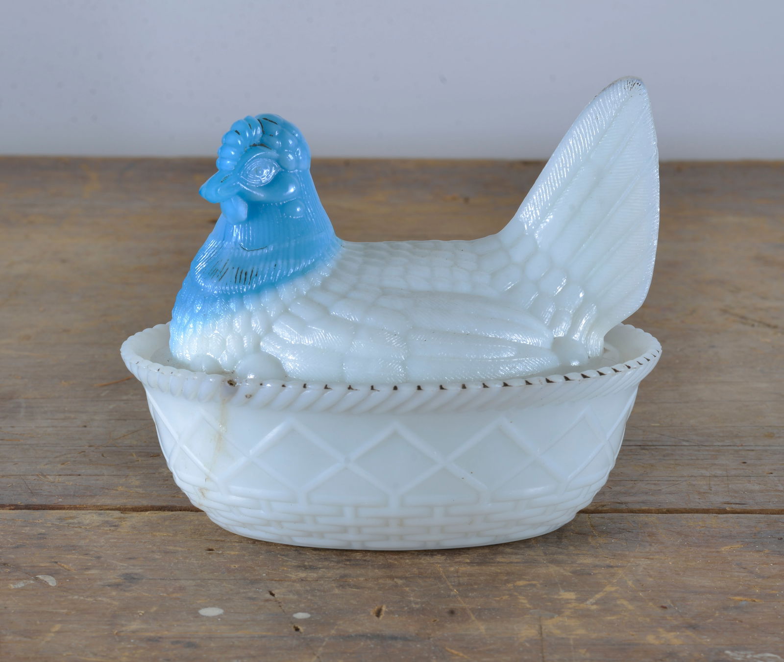 MILK GLASS HEN ON BASKET WHITE & BLUE (1 of 2)