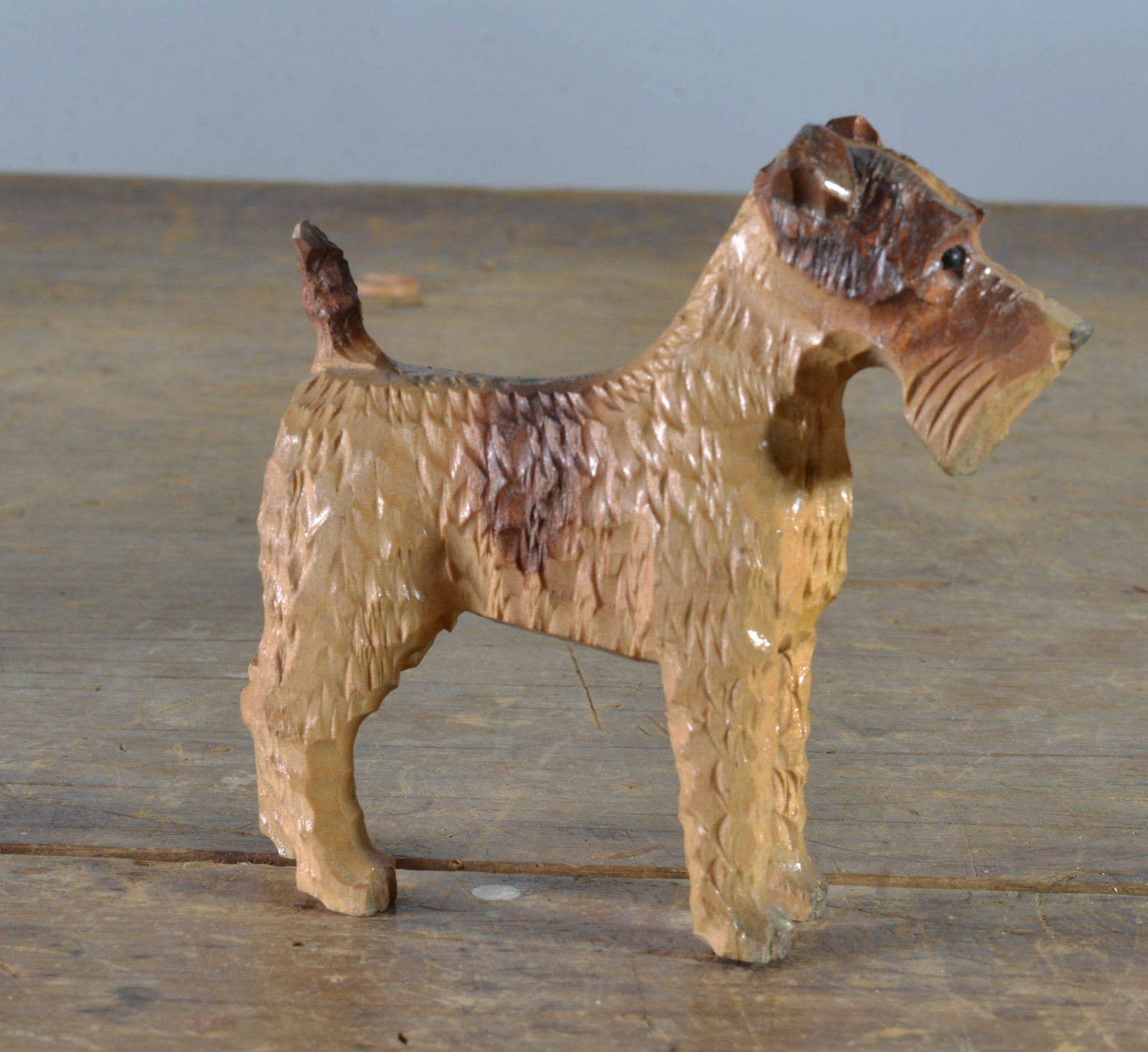 FOLK ART WOOD CARVED FIRGURAL SCHNAUZER: 4" TALL