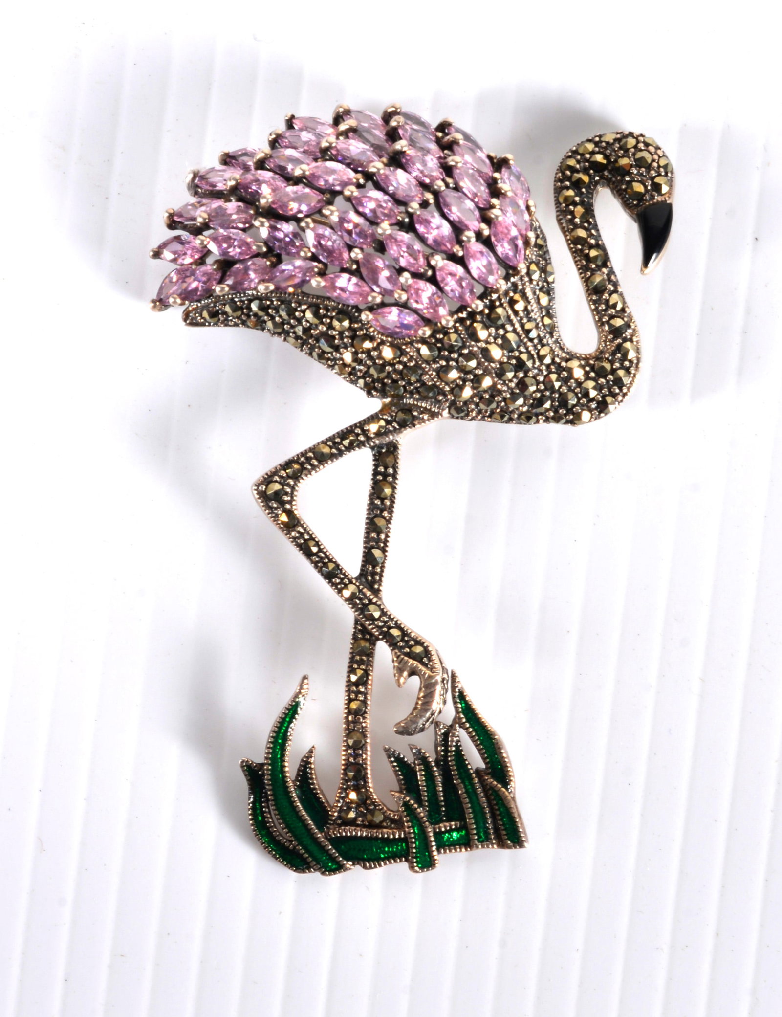 STERLING SILVER FLAMINGO BROOCH: MARKED 925 HAS PINK ICE AND MOISSANITE 3.25"H