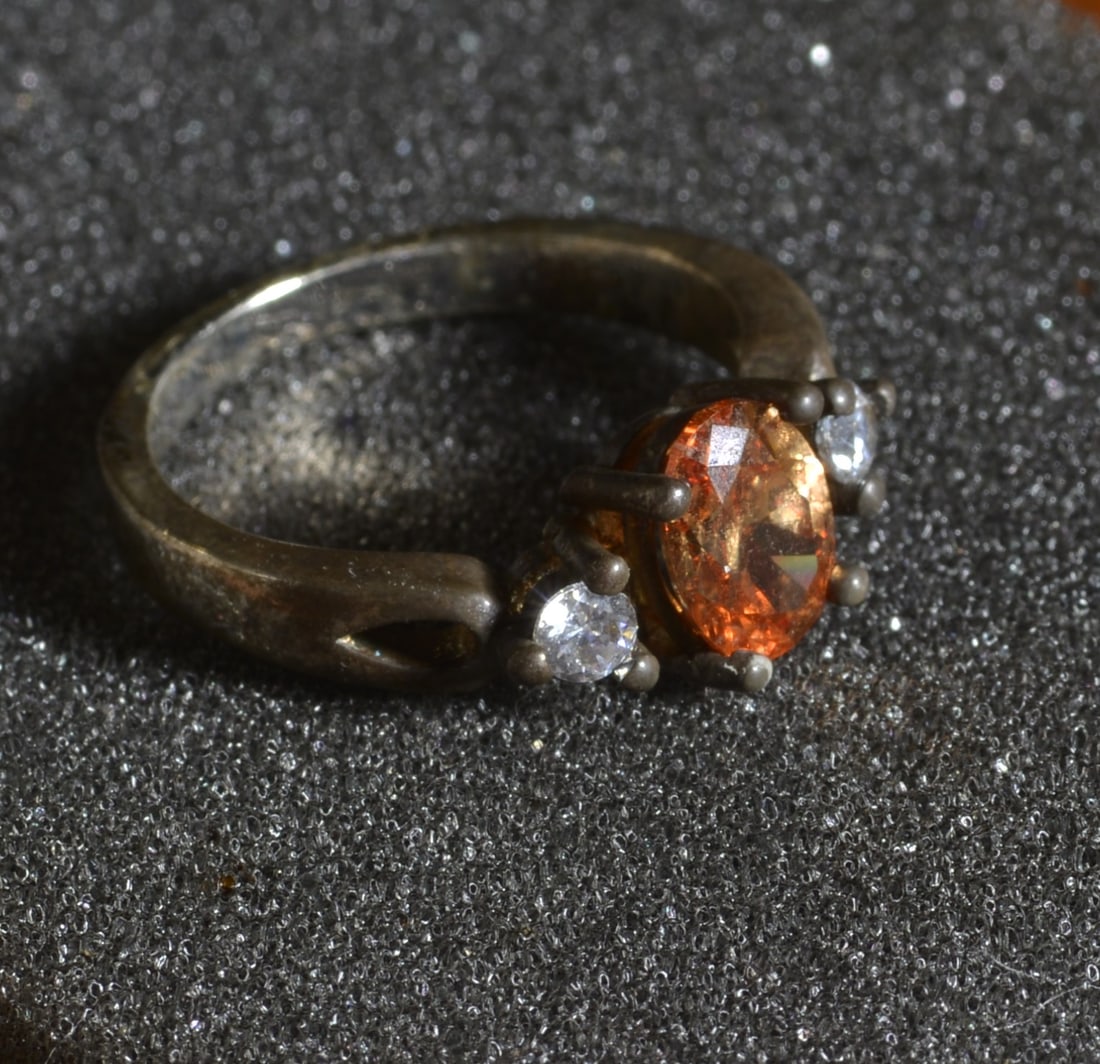STERLING SILVER DESIGNER RING: AMBER COLORED STONE SIZE 6.75