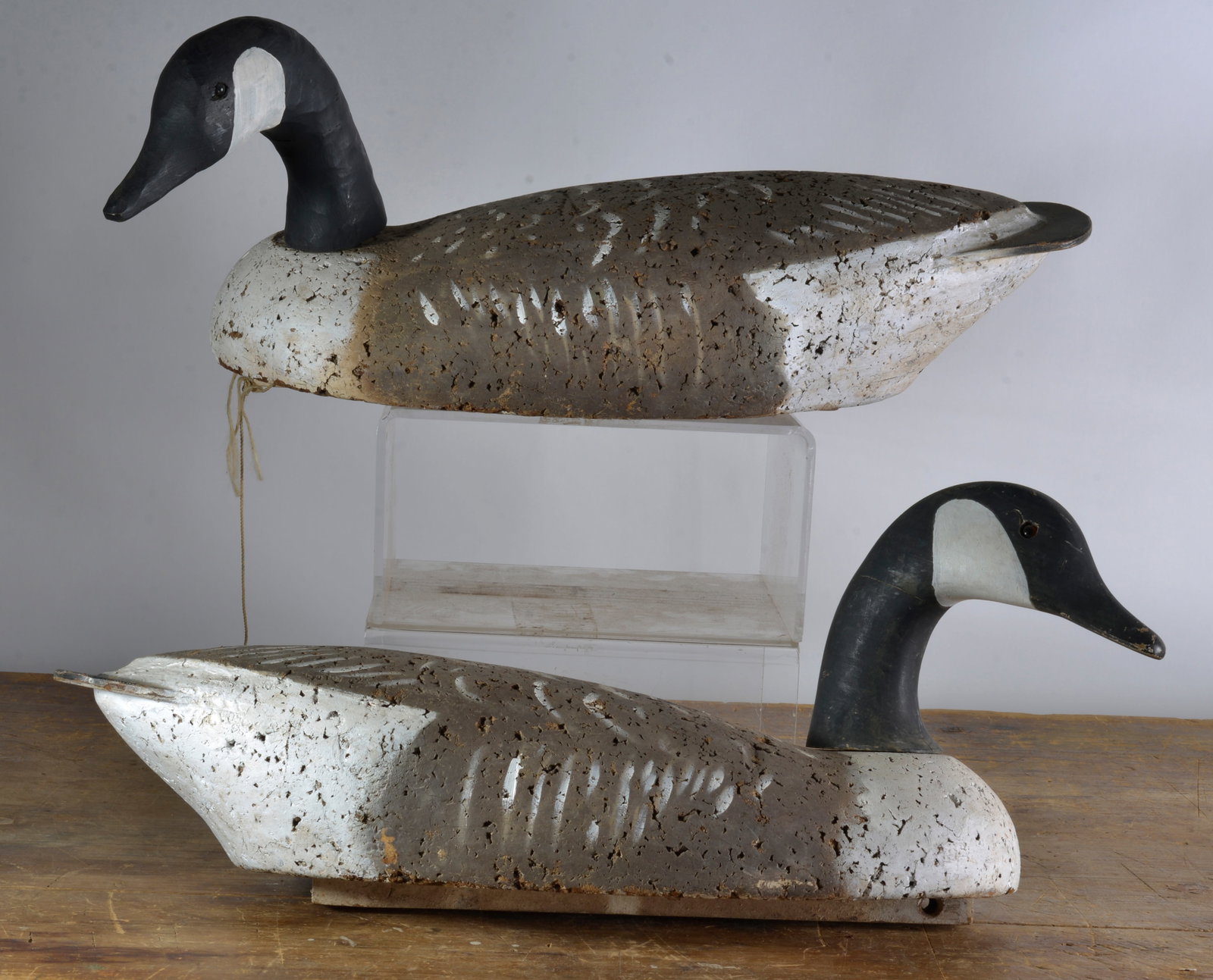 Antique Goose Decoy Pair: LARGEST IS 21"L X 12"H...see photos for details. If the pottery has deffects we will announce in the listing. All items are sold as is where is no returns or refunds. Most of these items can be shippe