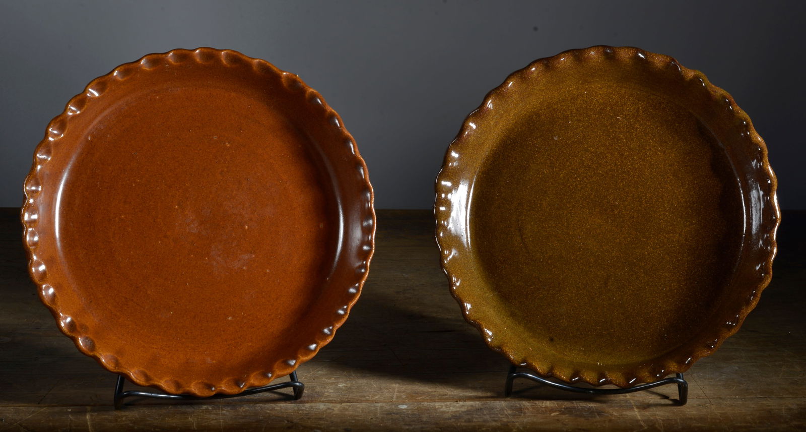 Brown Pottery Crimped Edge Pie Plates: 12" Dia see photos for details. If the pottery has defects we will announce in the listing. All items are sold as is where is no returns or refunds. Most of these items can be shipped in house. If Shi