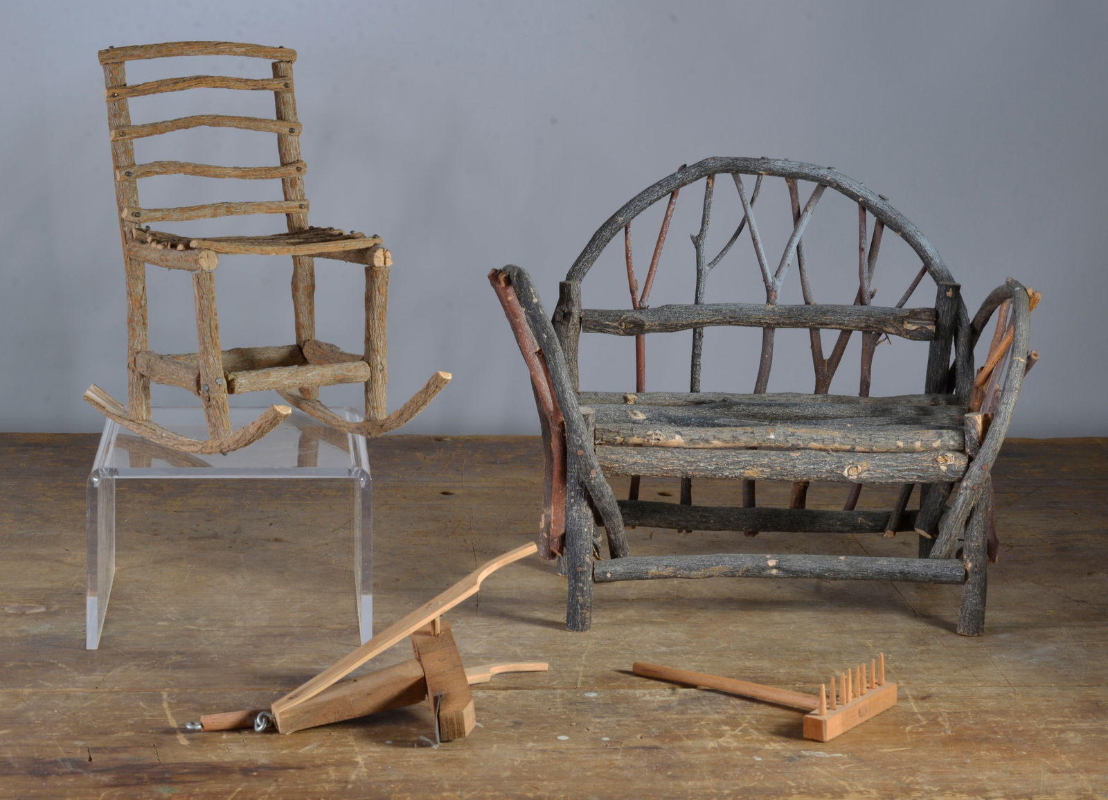 Folk Carved Miniature Twig Furniture: Largest is 9" H see photos for details. If the pottery has defects we will announce in the listing. All items are sold as is where is no returns or refunds. Most of these items can be shipped in house