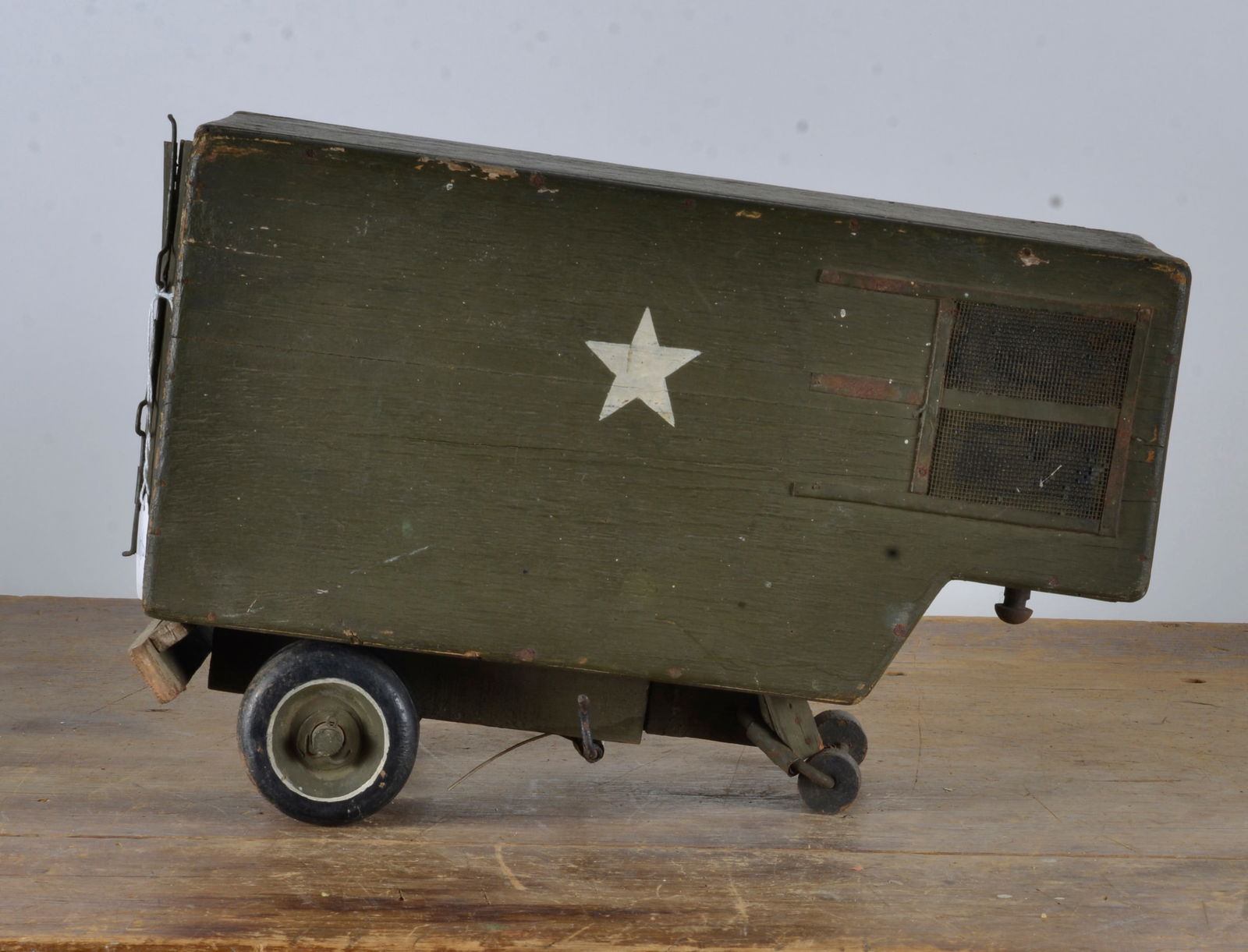 Folk Made Painted Army Trailer: 11" x 16" see photos for details. If the pottery has defects we will announce in the listing. All items are sold as is where is no returns or refunds. Most of these items can be shipped in house. If S