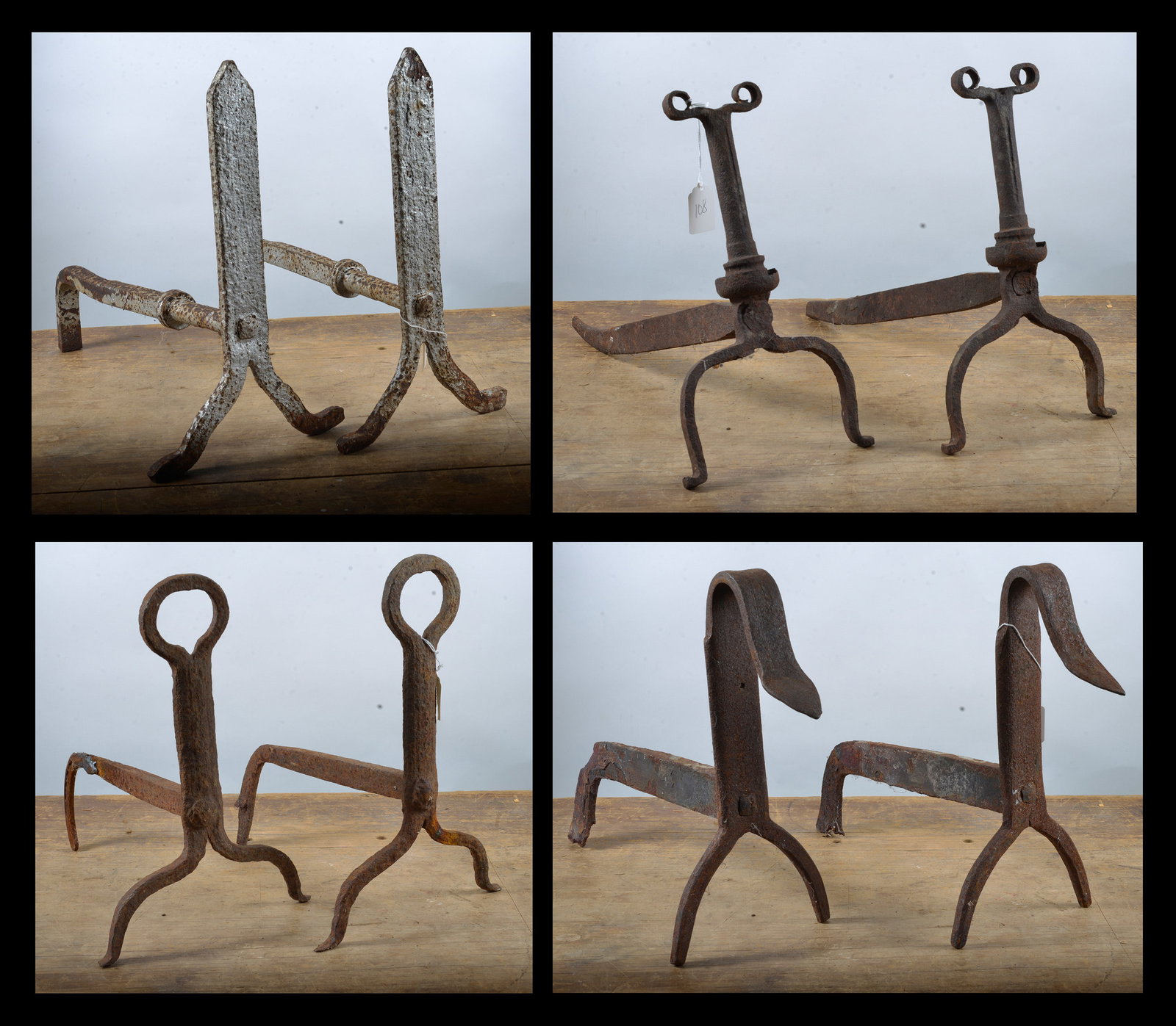 Collection of Folk Made AndIrons: 16" H see photos for details. If the pottery has defects we will announce in the listing. All items are sold as is where is no returns or refunds. Most of these items can be shipped in house. If Shipp