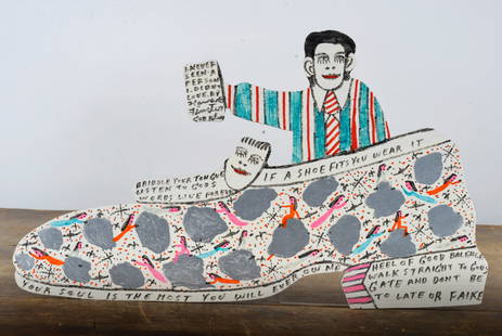 Howard Finster (1916 - 2001): original art work, wood cut out and mixed media signed on back. Numbered 32,207 10.5"H X 17.5W