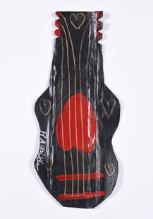 RA Miller Guitar tin cutout: tin cut out and paint, signed left side. 17"H