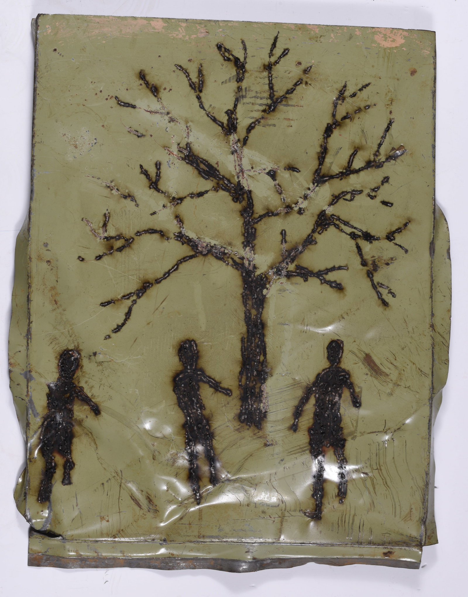 Scott Griffen "Slim Pickings": "Slim Pickings" 3 men walking towards a tree. Arch Welding on metal. signed and dated on back 2002. 16" x 20.5"