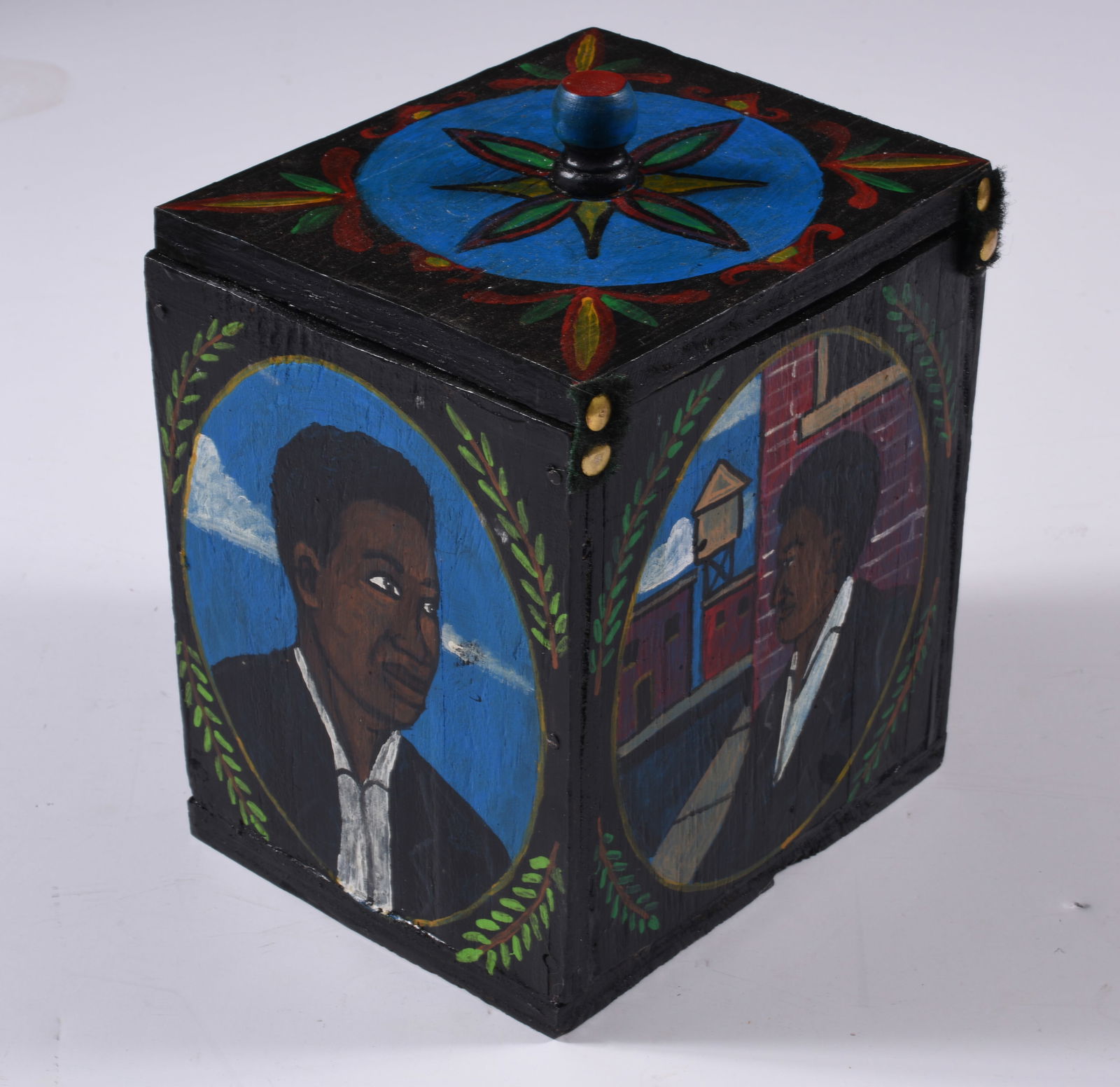 Richard E. Roebuck: african american. Hand made box painted, signed. 7" x 8" x 6"