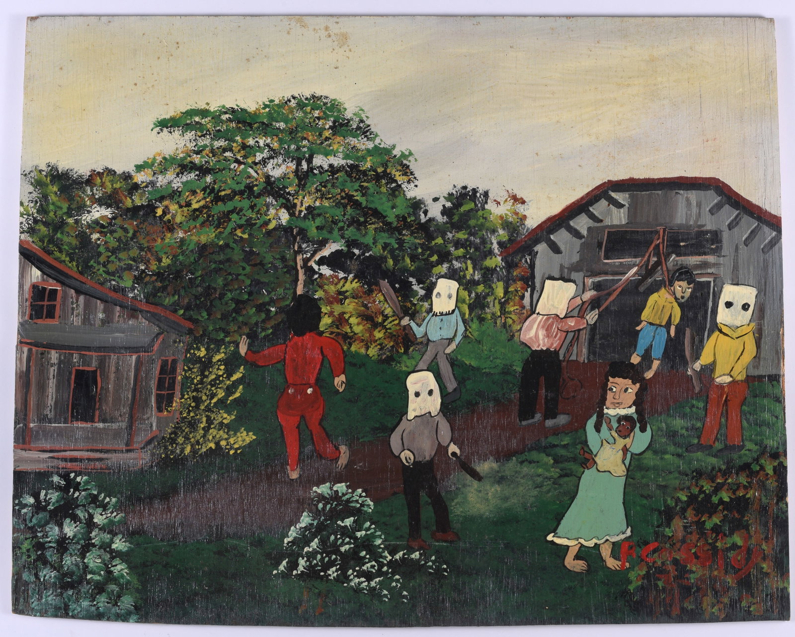 P Cassidy Folk Painting: paint on wood board, signed lower right. 20" x 16"