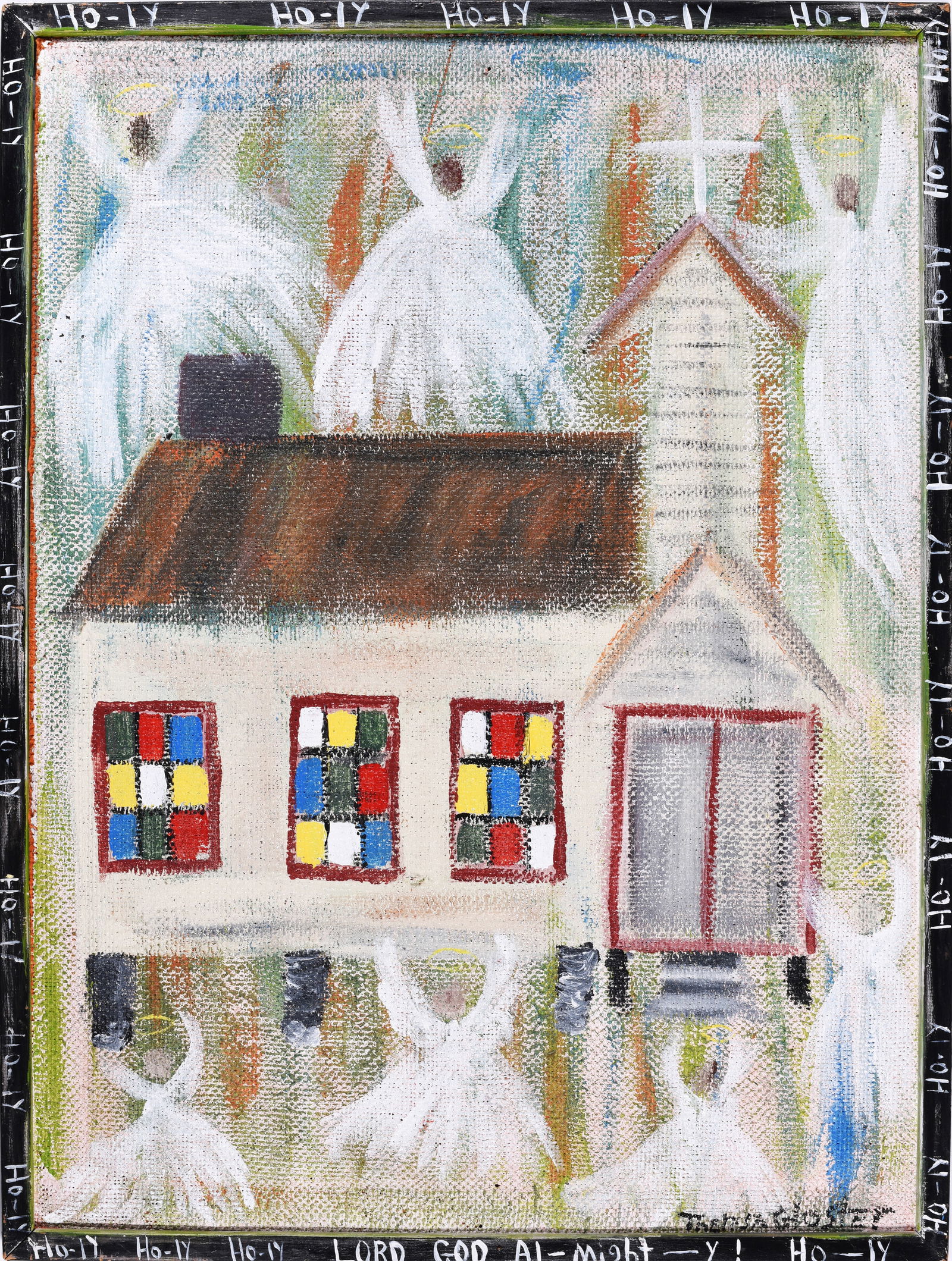 Theresa Gloster Folk Painting: paint on wood material. EARLY PAINTING by Theresa. African American, North Carolina. 18" x 24"