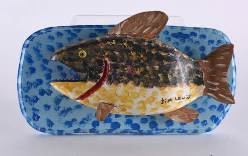 Tim Lewis Carved Fish: carved wood and paint mounted to artist painted board, signed on fish. 13"L x 7"H