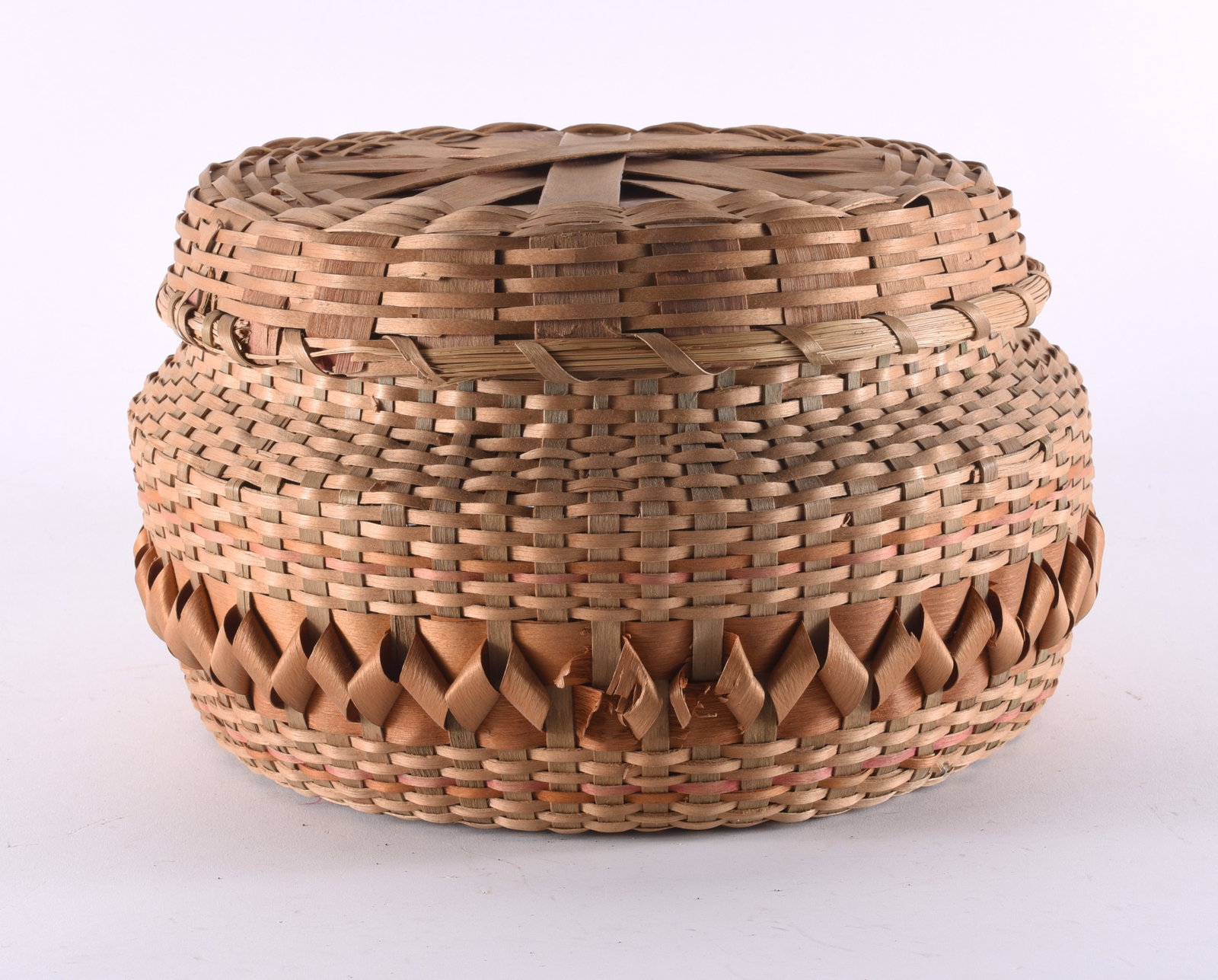 American Indian Basket: wood hand made basket 9" diameter x 6"H