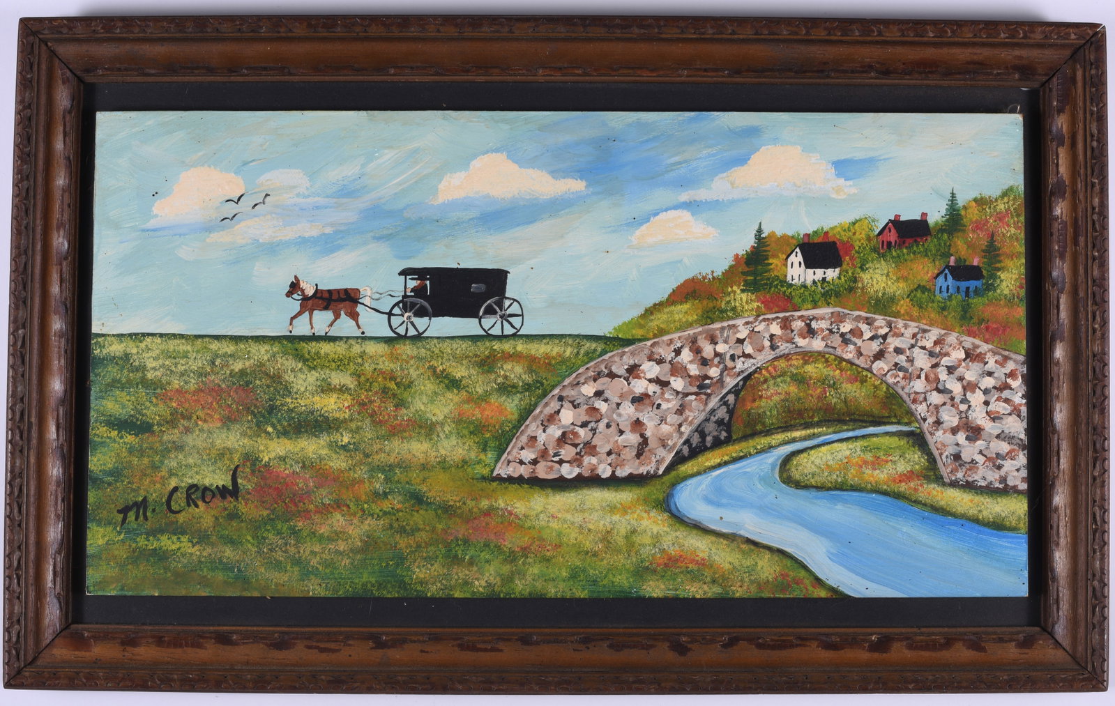 M Crow Folk Painting: paint on wood board, framed, signed left side. 17" x 10"