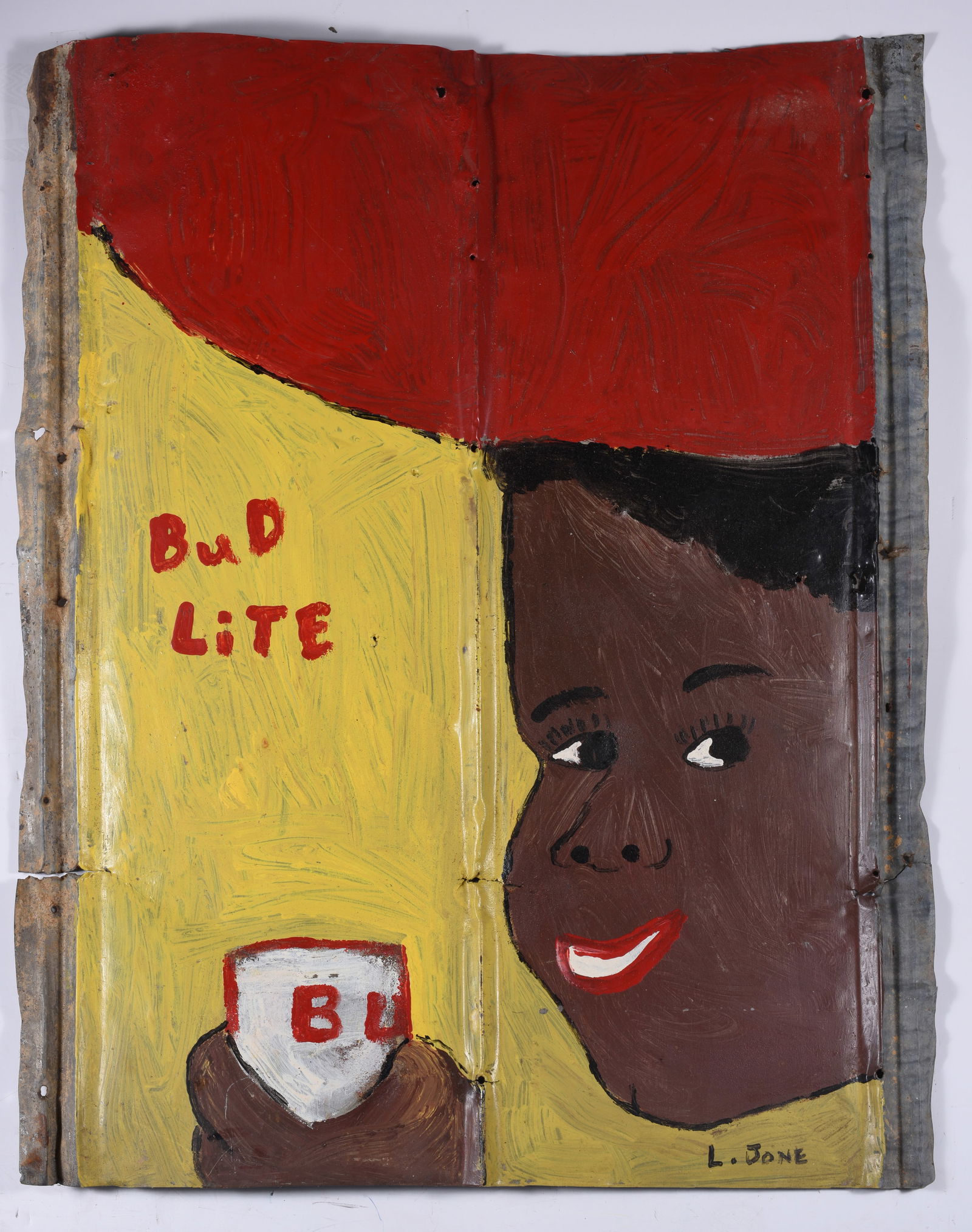 Leonard Jones b.1954: paint on roof tin. African American artist. 27" X 35"