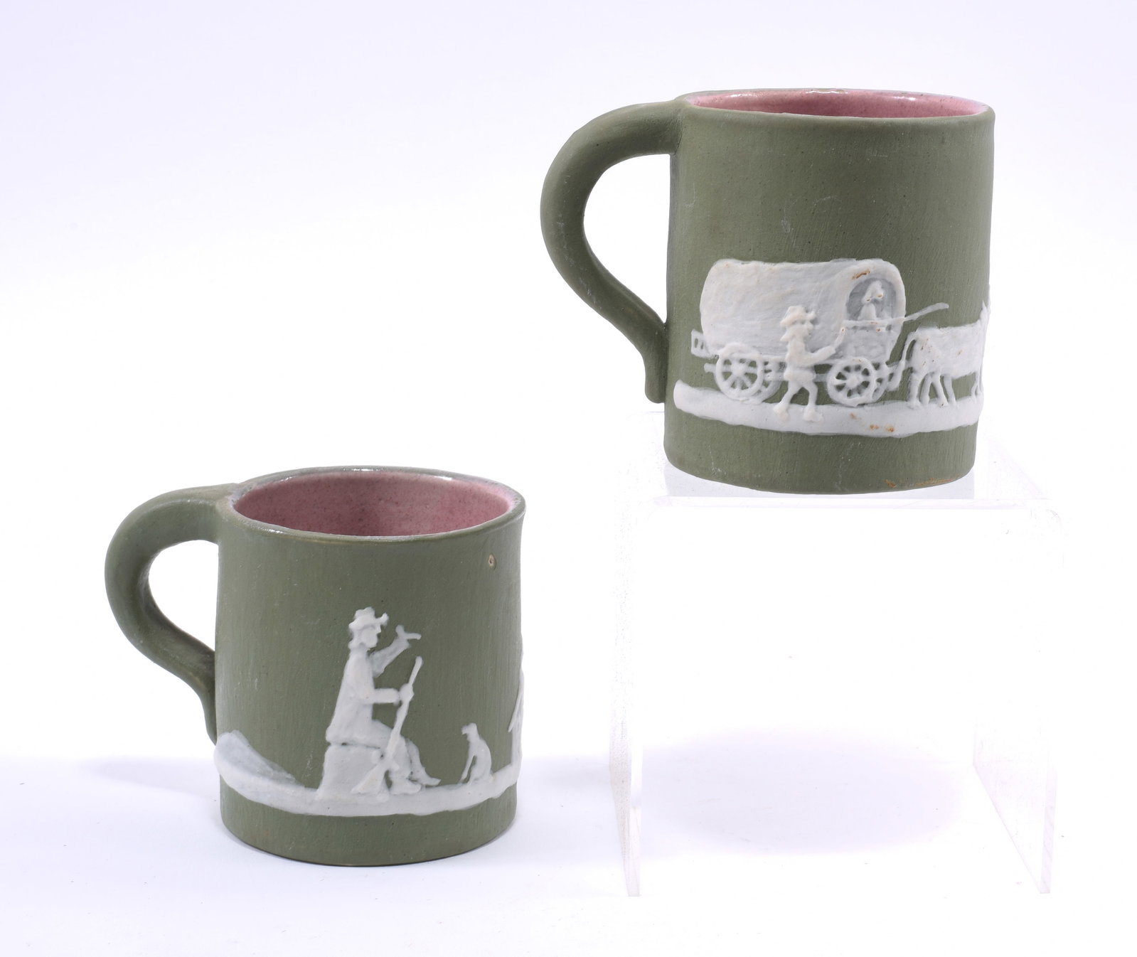 Pisgah Forest Decorated Mugs: 3.5"H - mugs, slip decorated. Signed on bottom.
