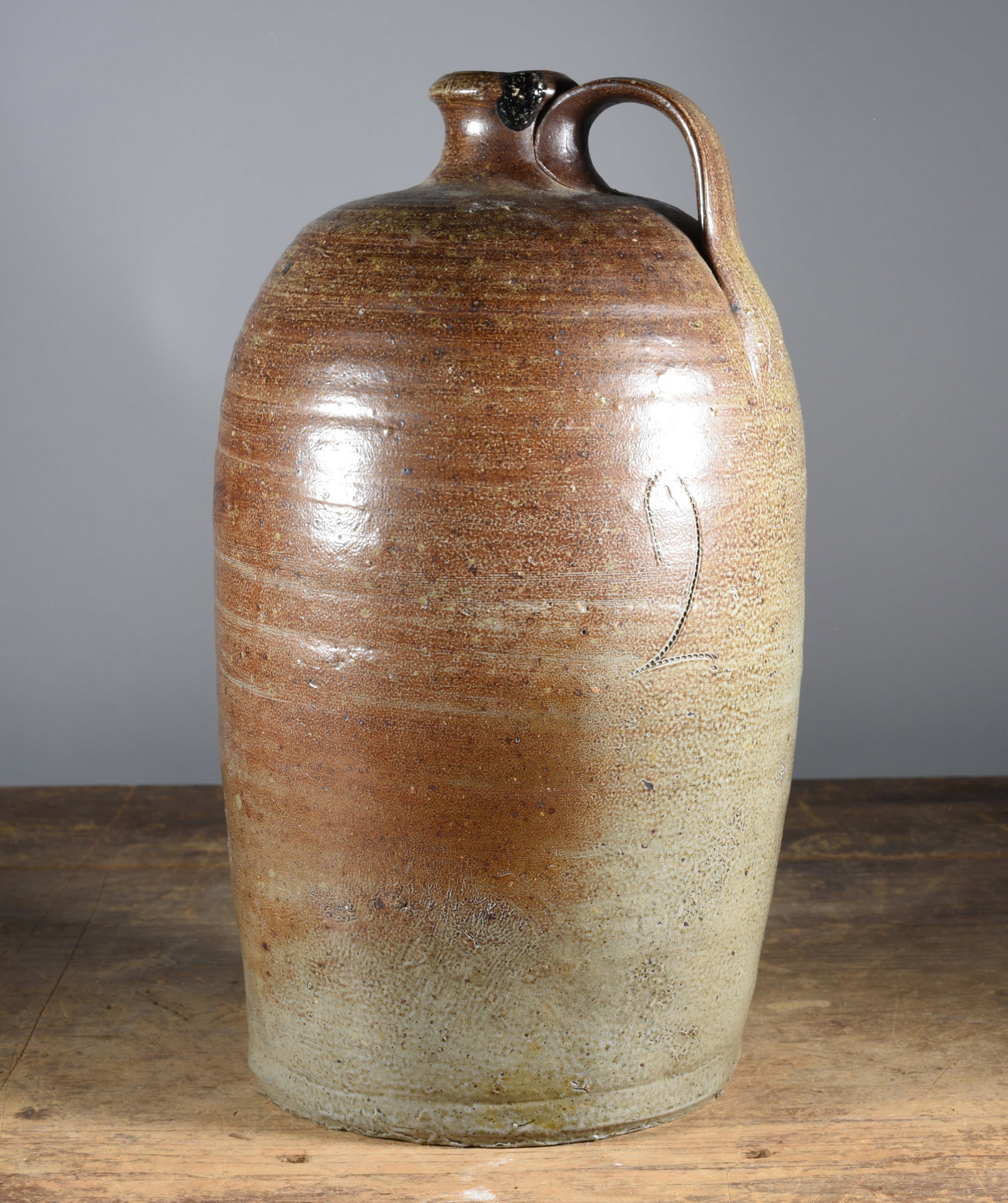 Piedmont North Carolina Jug: 17" coggle wheel marked 2 gallon ca. 1850