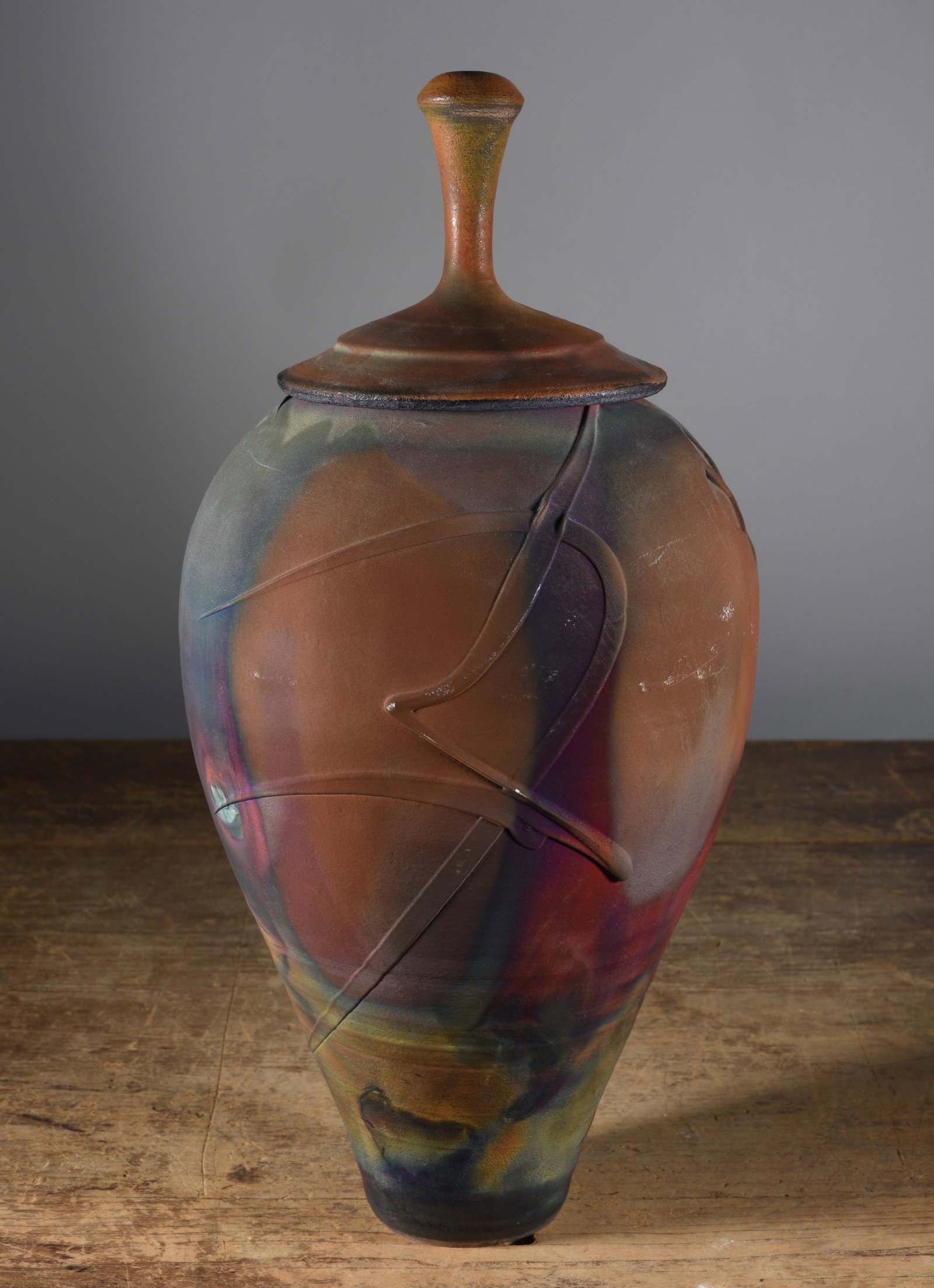 Studio Pottery Vase: 14" with lid. items are estate condition, they have been collected over the last 40 years and are now coming out to be sold again. See photos for details.