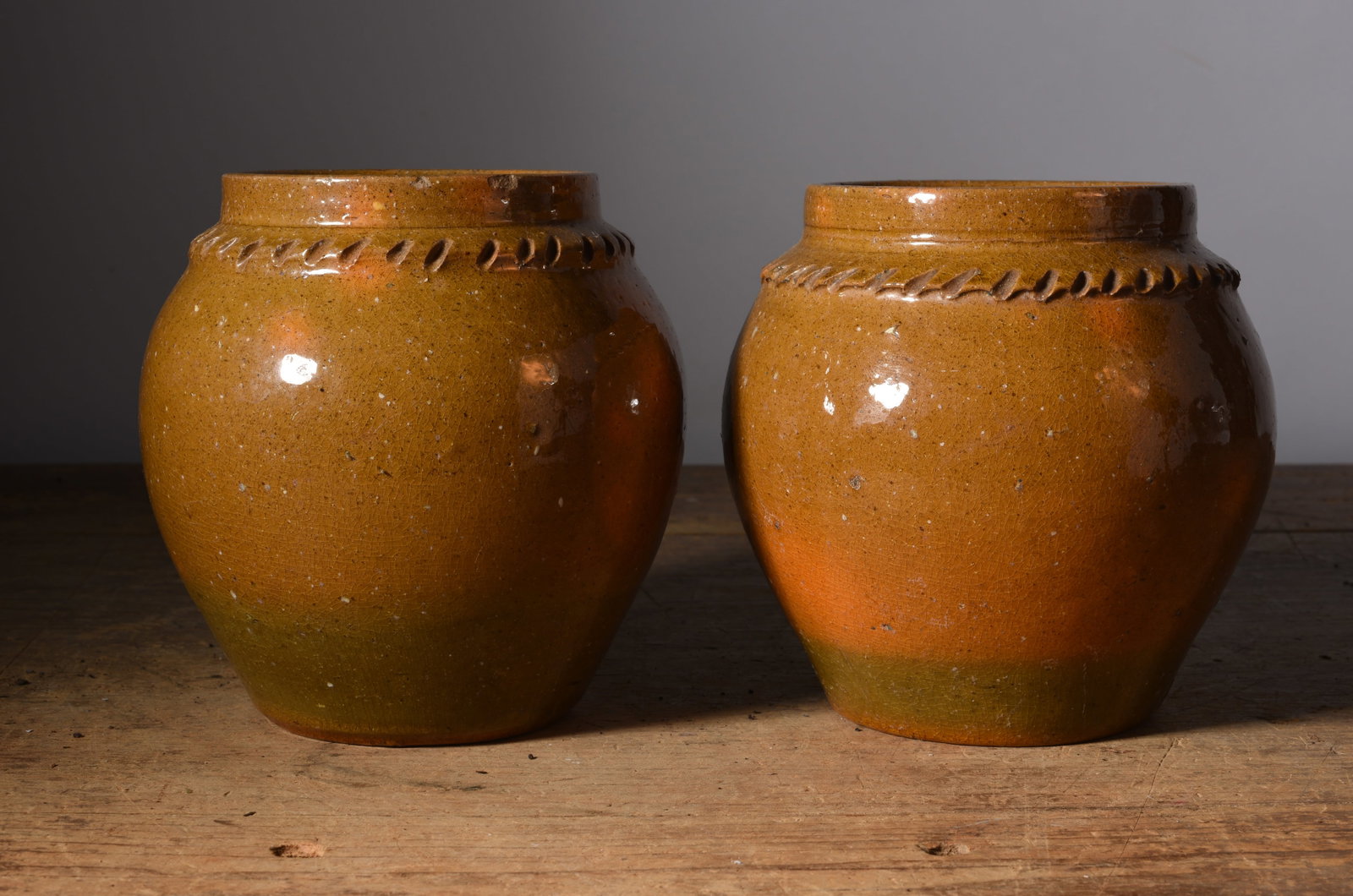 Auman Pottery Pair of Jars EARLY: 6" items are estate condition, they have been collected over the last 40 years and are now coming out to be sold again. See photos for details.
