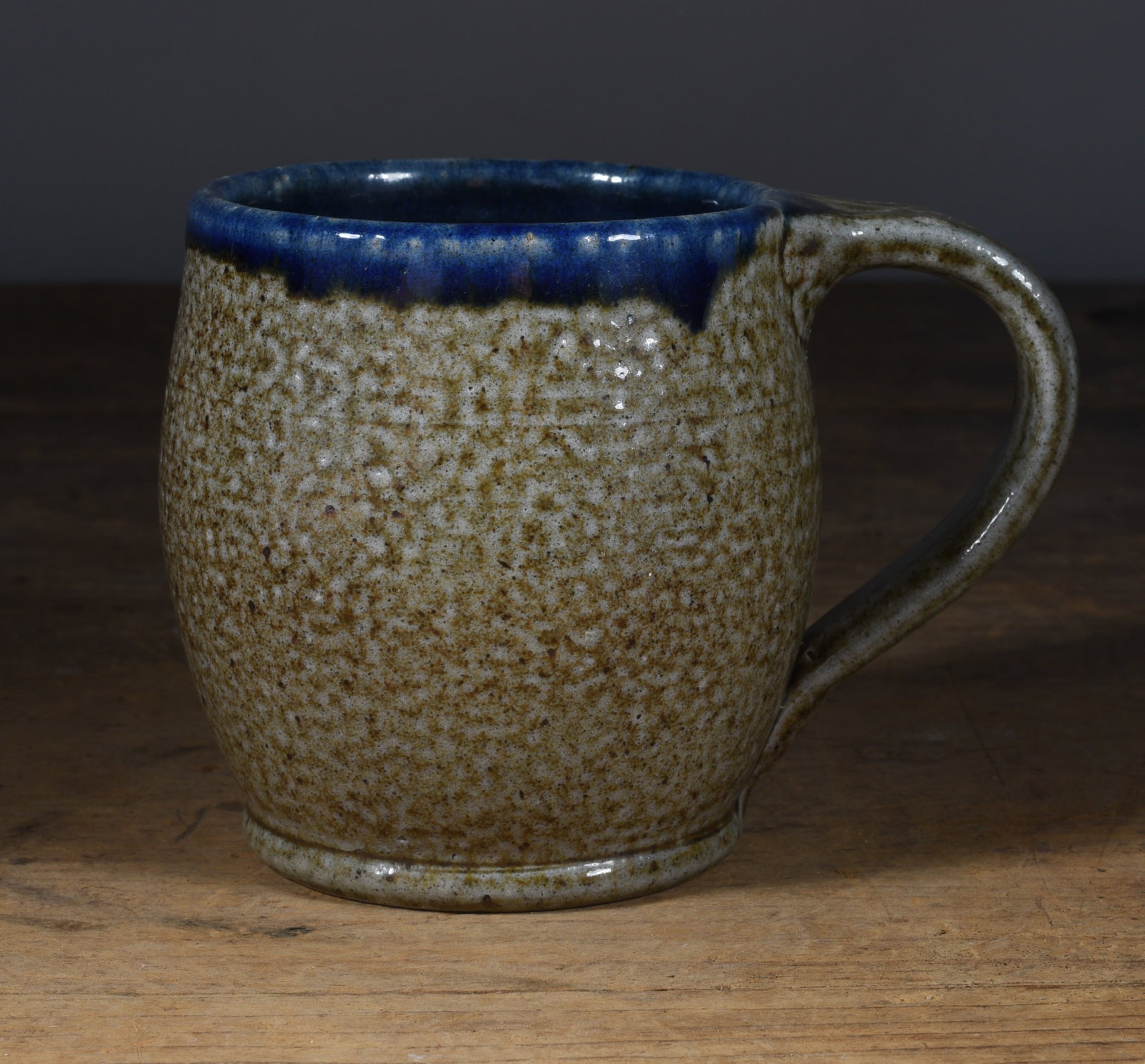 Jugtown Pamela Owens Mug: salt glaze with blue slip, signed and dated 1992 on bottom. 3.5"H