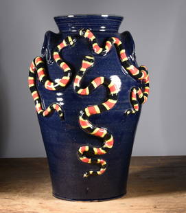 Marvin Bailey Tripple Snake Jar: 15" tripple snake jar, great glaze color, signed on bottom.