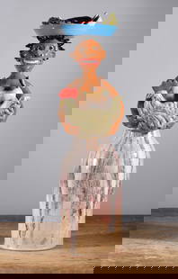 Marvin Bailey Thanksgiving Figural: 20" woman holding a plate of food on her head with a nice pottery chicken in her hands. Signed on bottom.