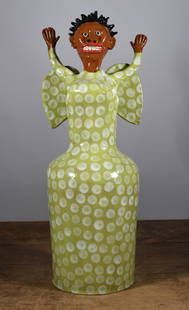 Marvin Bailey Green Angel Figural: 16.5" folk pottery figural of an angel in a green pocadot dress. Signed on bottom.