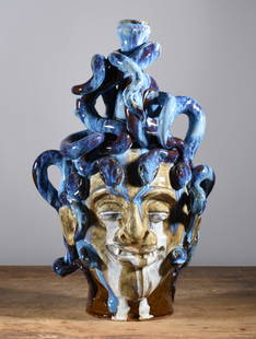Marvin Bailey Medusa Face Jug: 17" OUTSTANDING, possibly rare glaze technique that cant be reproduced. Medusa face jug with incredible decoy. Signed on bottom.