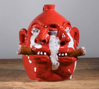 Marvin Bailey Doubal Cigar Face Jug: 10.5" Crying Eyes, Red Glaze, double mouth, tripple Eye, 2 cigars… this one has it all! Signed on bottom.