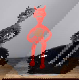 Marvin Bailey Devil Pig Rider: 12.5" the devils pig, holding a miniature pottery double handled jug. Signed on bottom.