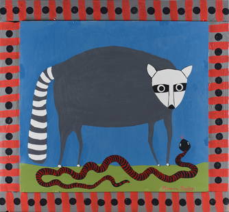 Marvin Bailey Folk Art Painting Possum: 30"x27.5" incredible folk paintings by potter Marvin Bailey. Thick paint on wood baord with artist built and painted frames. Ready to hang. Signed.