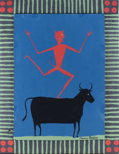Marvin Bailey Folk Art Painting Devil Cow: 22"x29" incredible folk paintings by potter Marvin Bailey. Thick paint on wood baord with artist built and painted frames. Ready to hang. Signed.