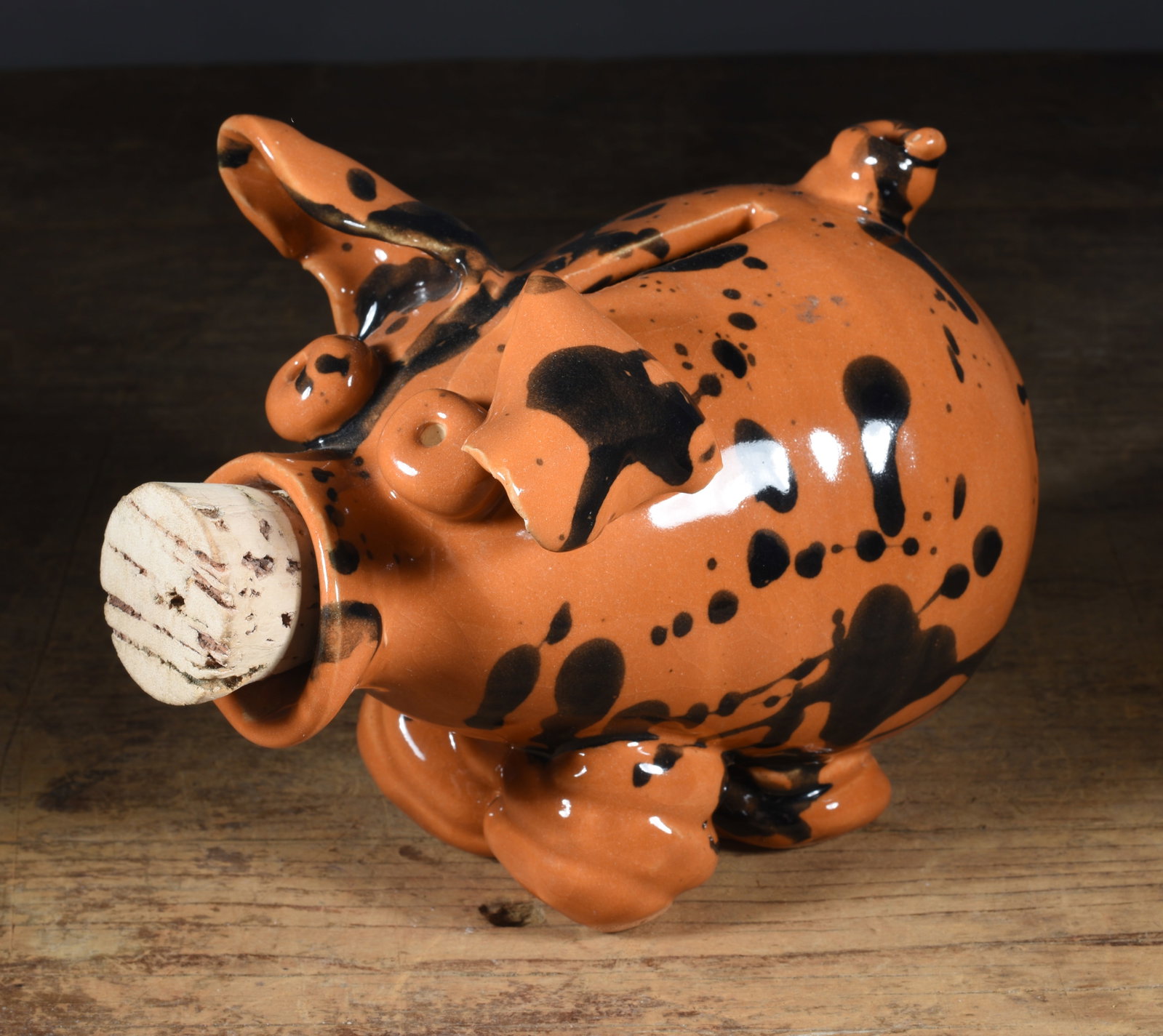 Sandra Abbott NC Pottery Pig: length 7.25" - multi glaze pig, signed on back bottom