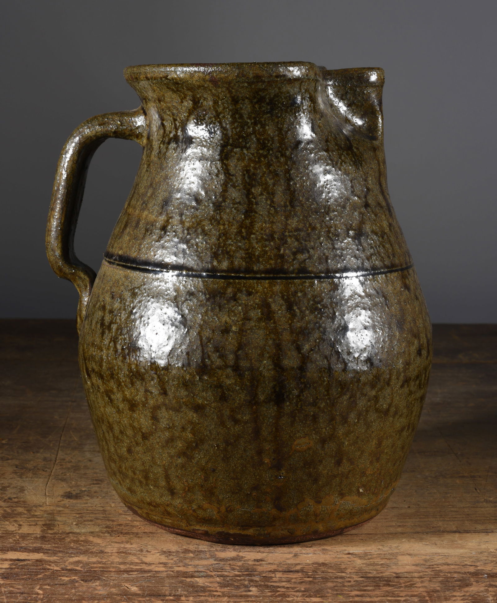 Lanier Meaders Pitcher: 9" Firing crack, as fired. Alkaline glaze, signed on bottom dated 1987