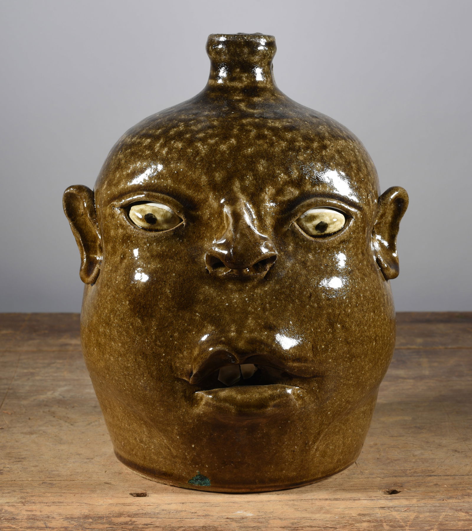 David Meaders Face Jug: 11" outstanding alkaline glaze, clay eyes with only two teeth made from broken china plate.