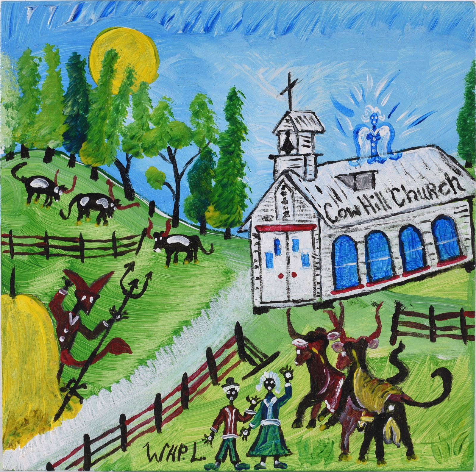 Wade Ledbetter (1951 - ): 6" x 6" paint on wood board. Wade Ledbetter was a real door knock picker from 1972 until his older age in the mid 2010's. He was responsible for discovering many rare southern antiquities such as the 