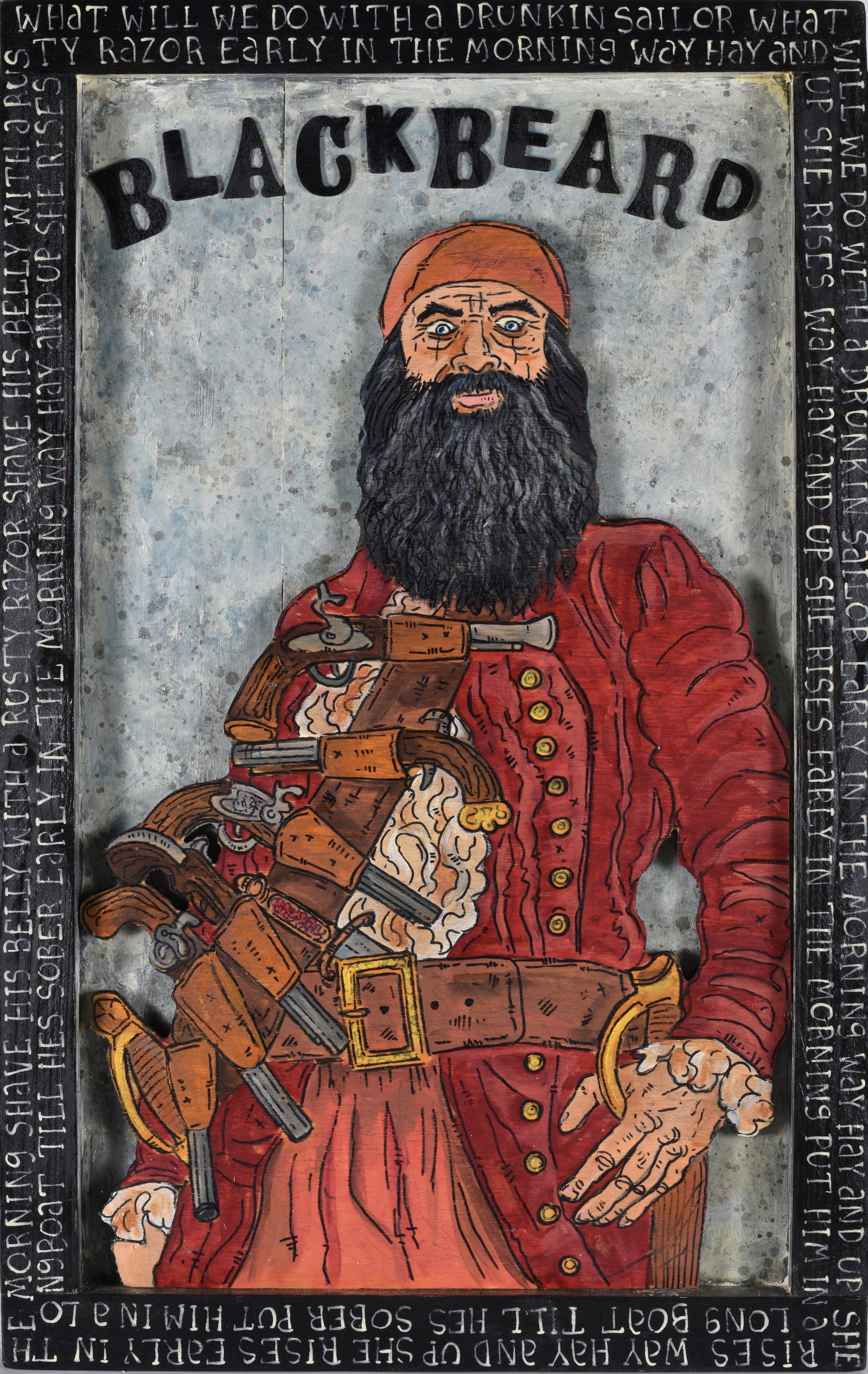 Eric Cunningham Folk Art: 17" x 27" Blackbeard, cut out wood and paint, a great piece of folk art