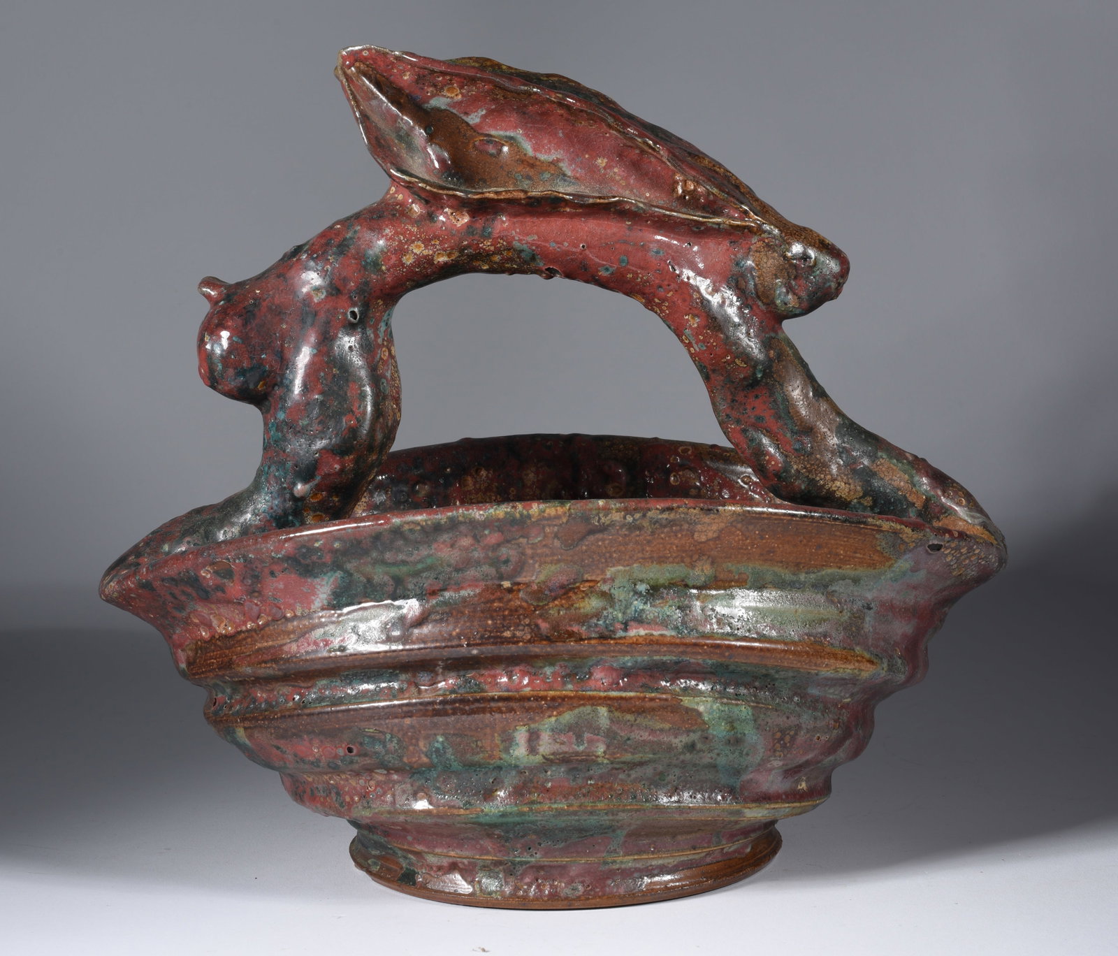 Long Eared Rabbit Pottery Basket: 11"x11"pottery with long eared rabit on top.