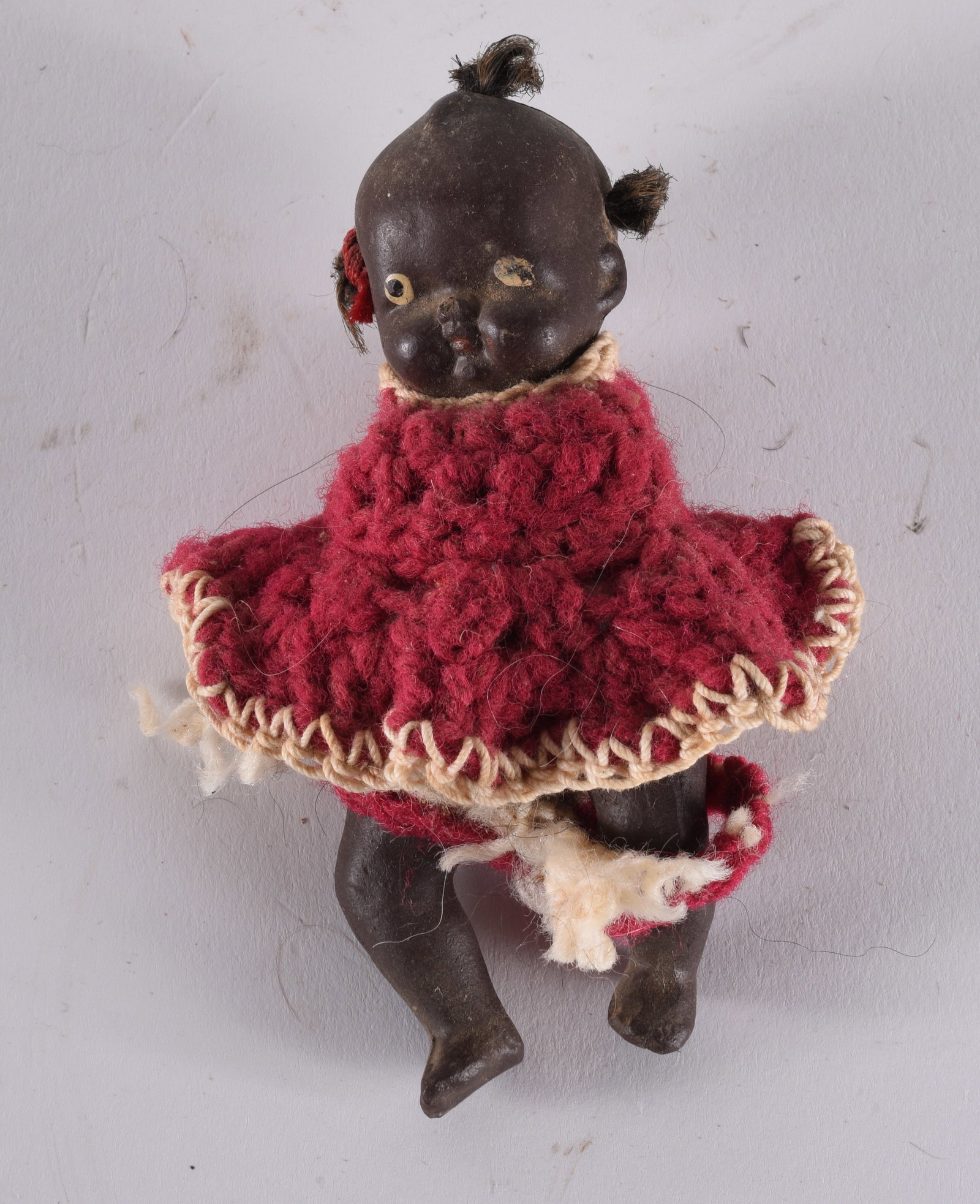 Black Americana Small Doll: 4" vintage antique china doll, hand spun clothing