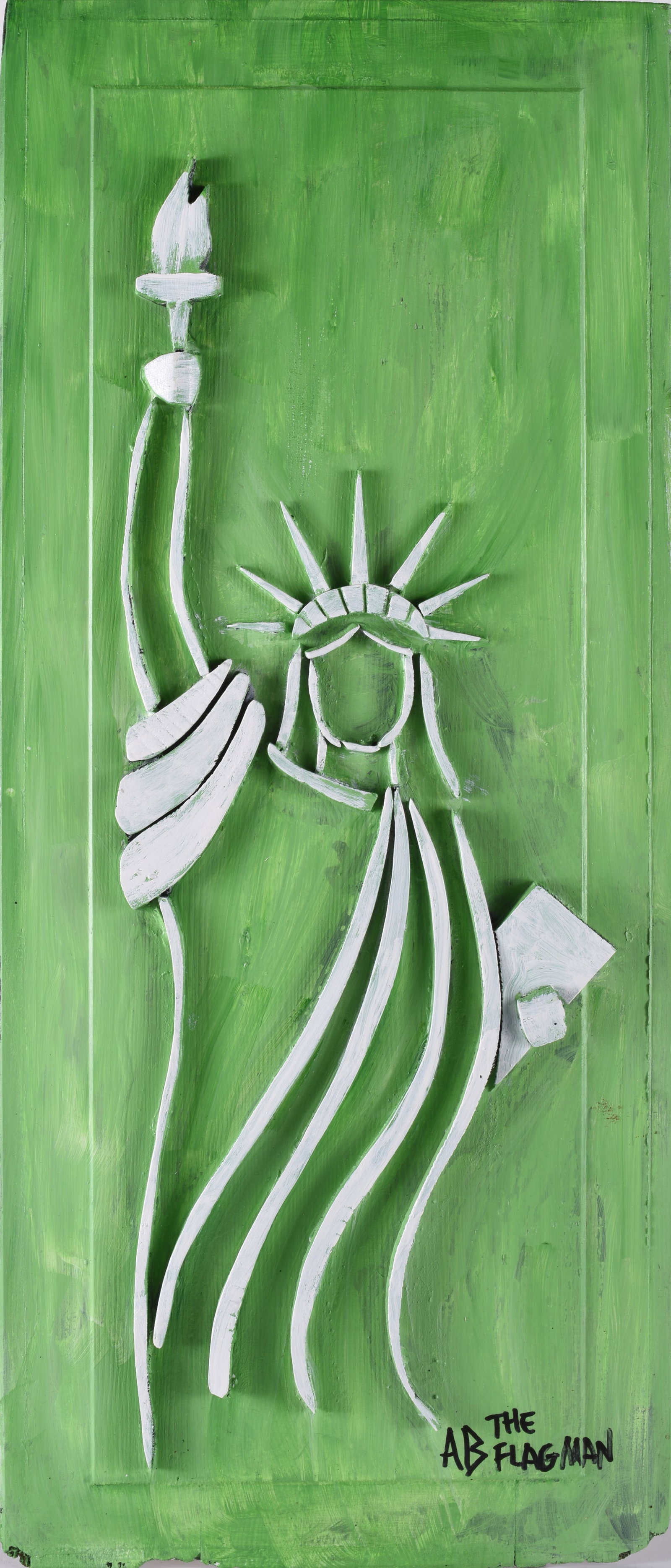 Ab The Flagman Statue of Liberty: 10"x23.5" - cut wood and paint, signed lower right.