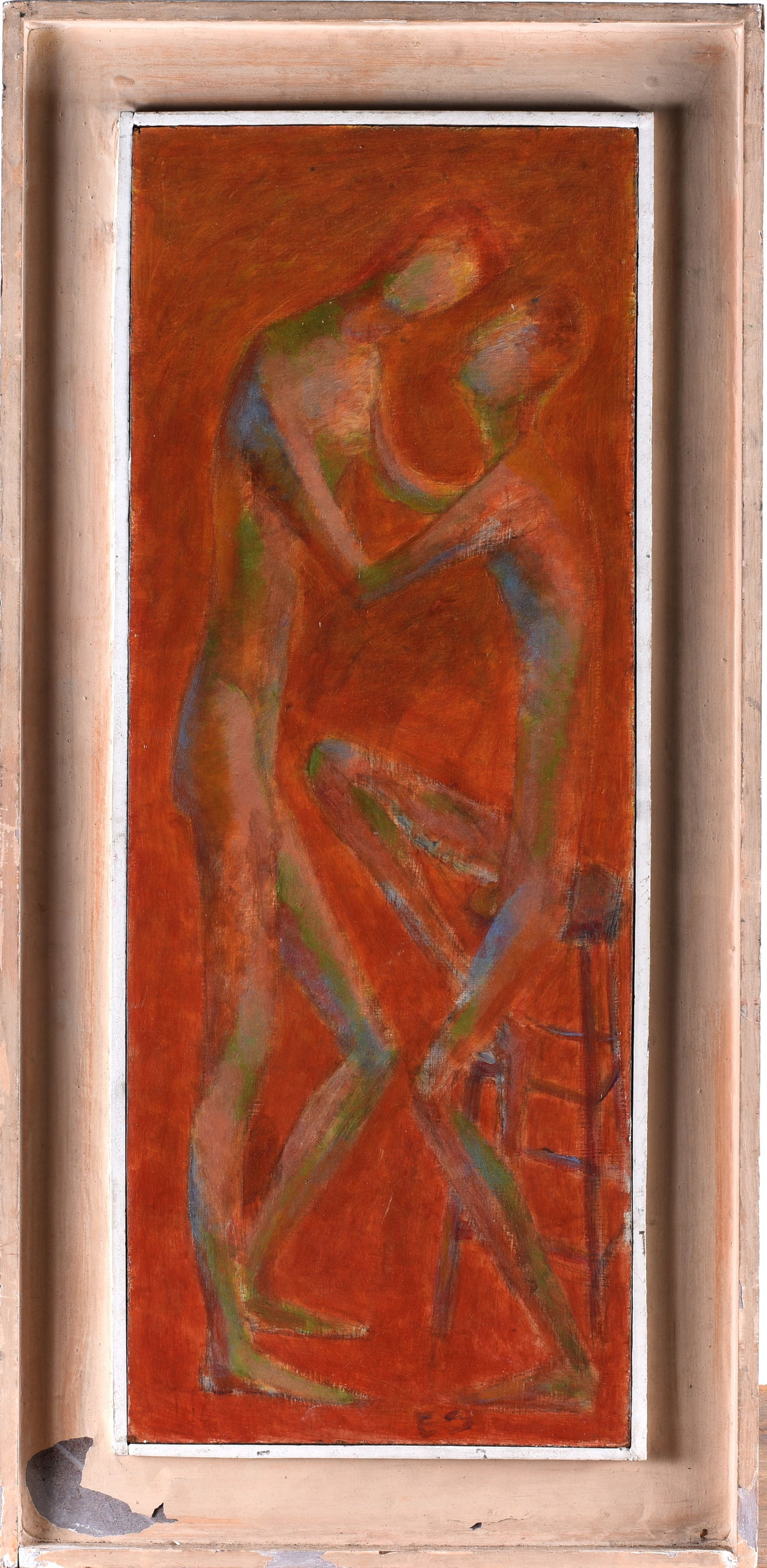 Ed Shewmake Painting: polymer tempera paint on board, titled LOVERS, framed to 18" x 38"