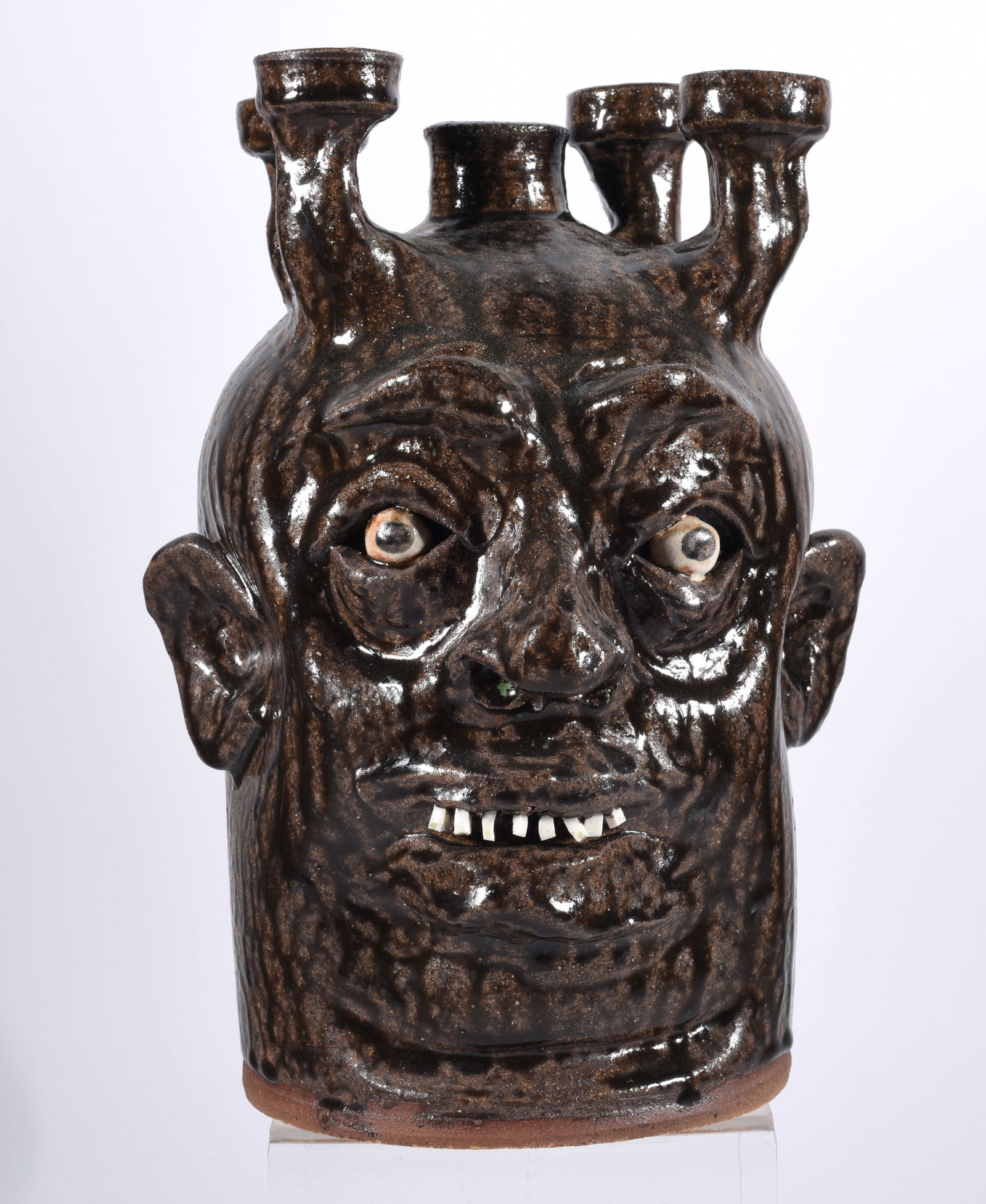 Marvin Bailey Candelabra Face Jug: 10" alkaline glaze, broken china teeth, clay eyes. Rare form. Signed on bottom.