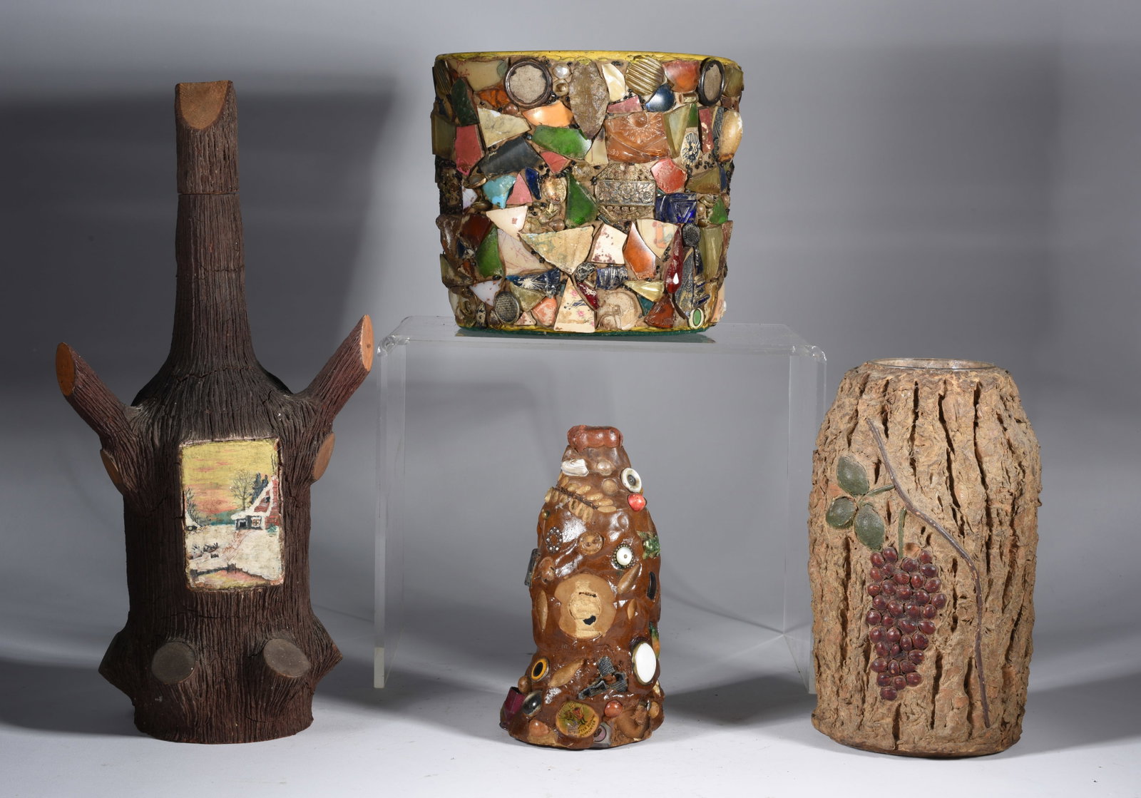 Mountain Folk Collection of Vases: tallest is 14" 4 vases in different mediums and styles. from a very important collection of period 1935-1955 adirondack mountain made furniture.