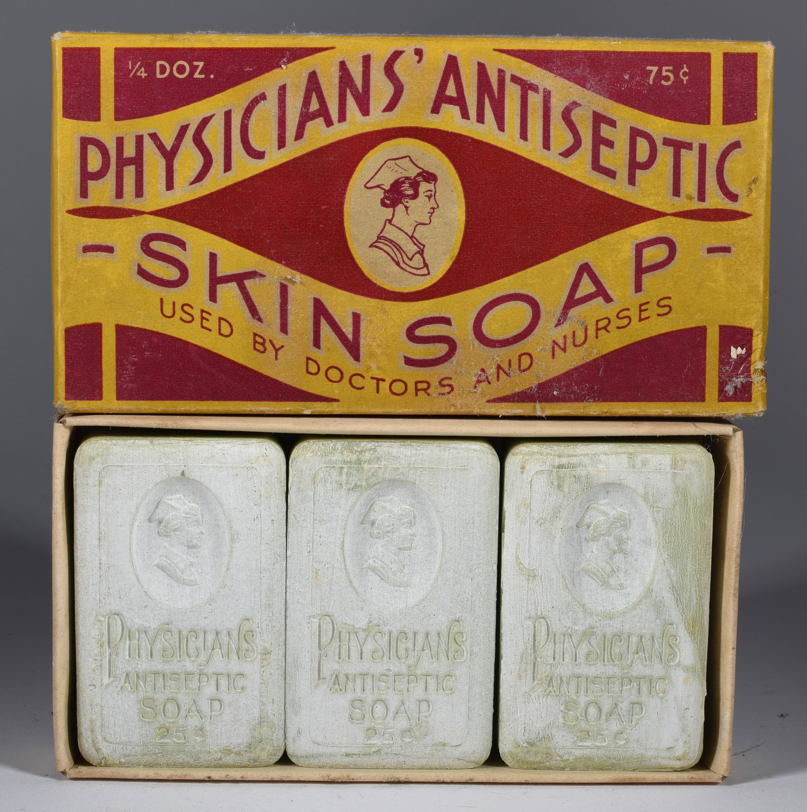 Physicians Antiseptic Skin Soap: 6" x 3" new old stock paper box with 3 soap bars.