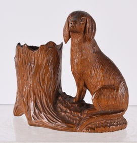 Folk Art Carved Dog Matchstick Holder dated 1896