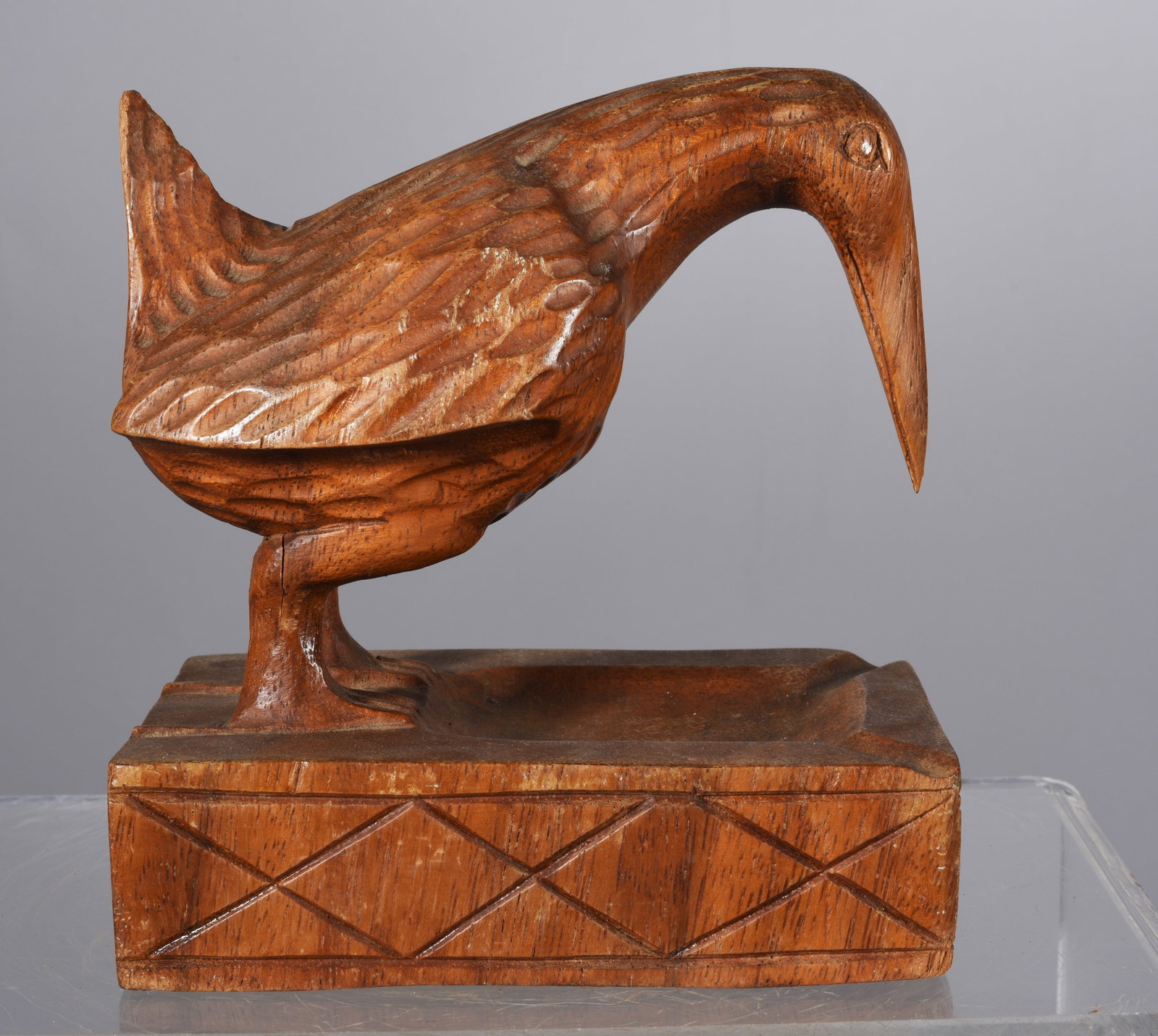 Wooden Carved Bird Ashtray: 6" carved wood and stain.